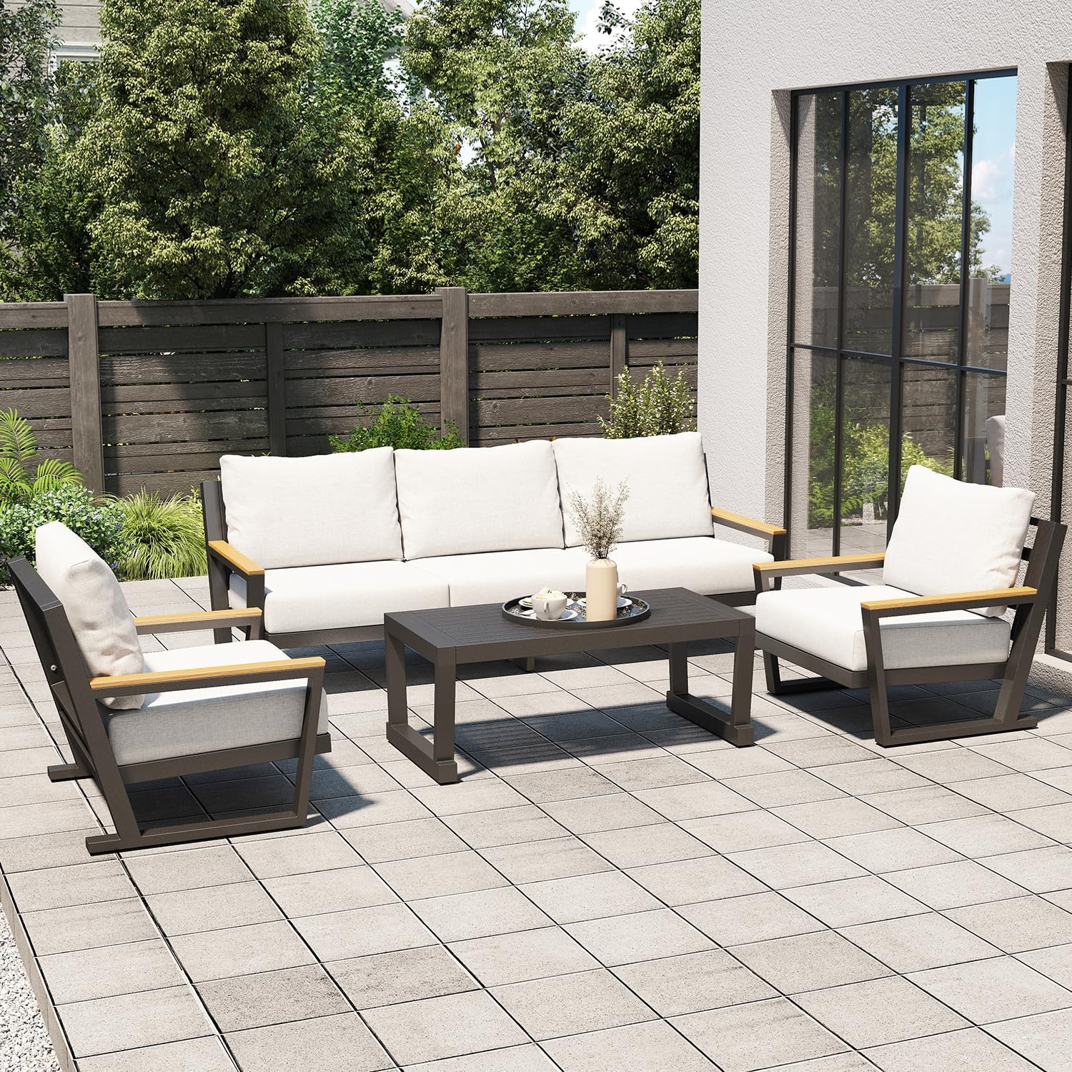 Aug-guan Aluminum Outdoor Sofa,4 Seats Modern Patio Furniture Set,Sectional Sofa Conversation Set with Coffee Table, Upgraded Washable Cushions for Garden Backyard,Grey