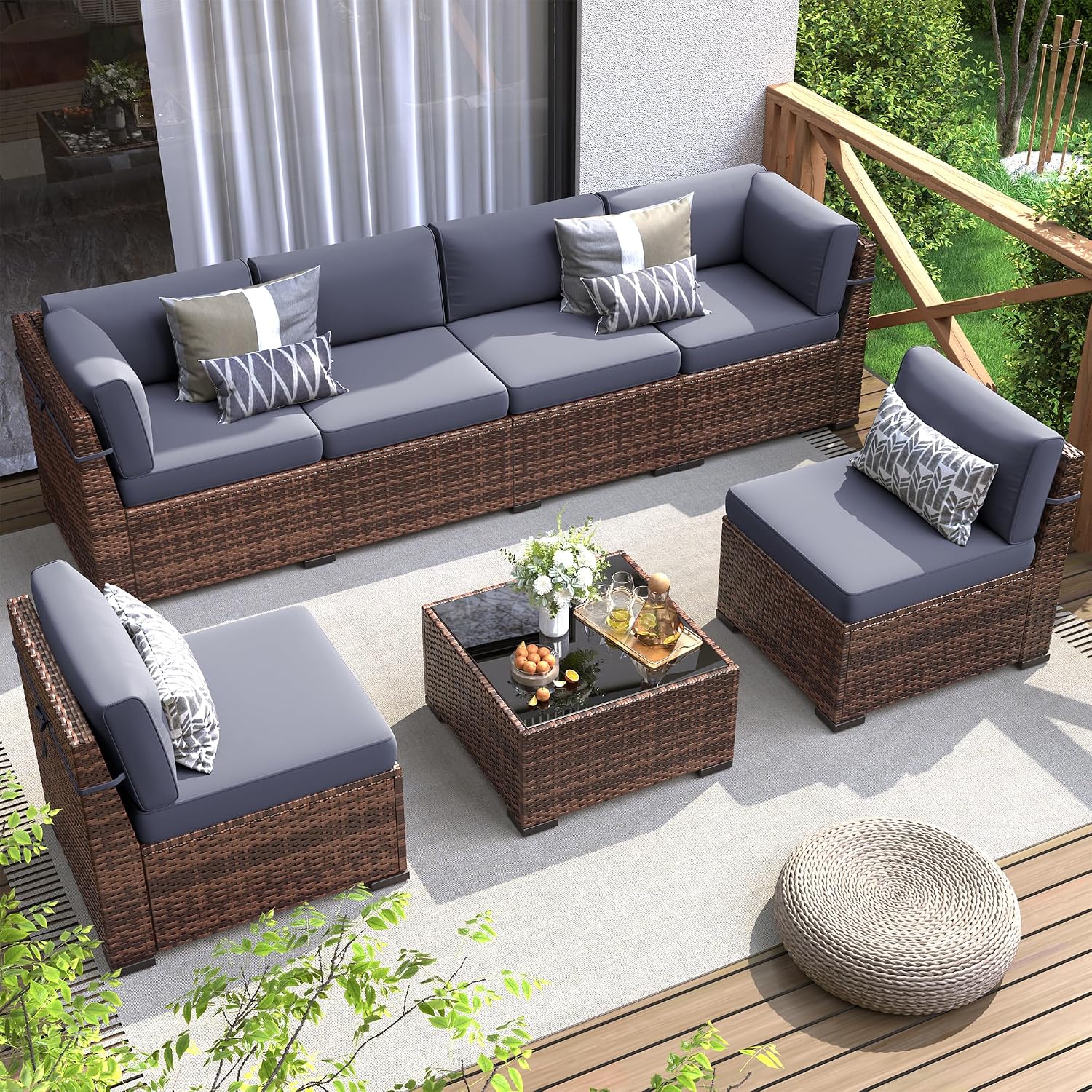 Patio Furniture Set, 7 Pieces Outdoor Modular Conversation Set Wicker Sectional Sofa for All Weather Rattan Patio Couch for Porch Garden Backyard Balcony Poolside (Grey)
