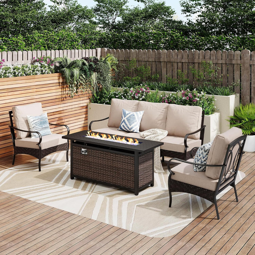 Patio Furniture Set with 56' Fire Pit Table, Premium Outdoor Wicker Metal Frame Furniture with Upgraded Waterproof Thick Cushions for Porch, Poolside, Deck, and Yard （4 Pieces,Beige）