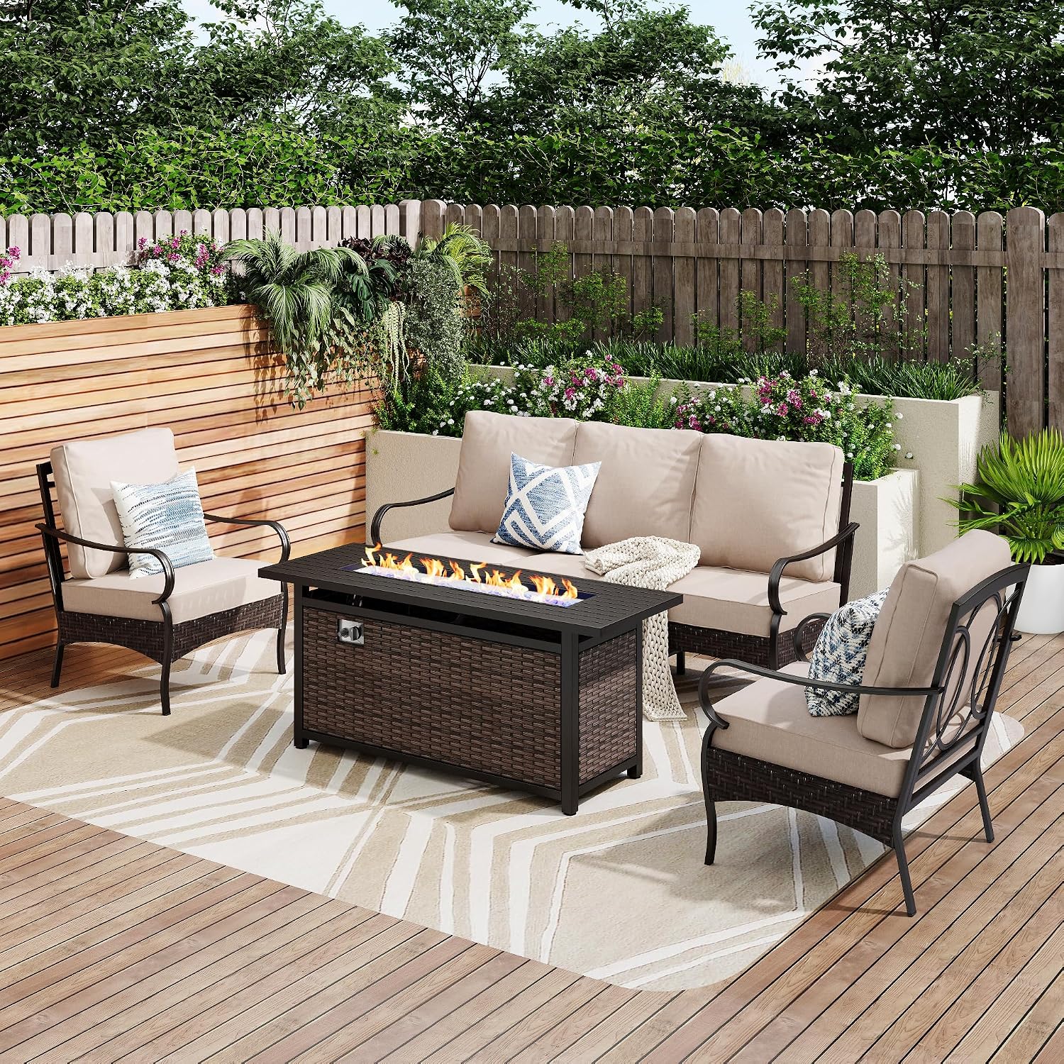 Patio Furniture Set with 56' Fire Pit Table, Premium Outdoor Wicker Metal Frame Furniture with Upgraded Waterproof Thick Cushions for Porch, Poolside, Deck, and Yard （4 Pieces,Beige）