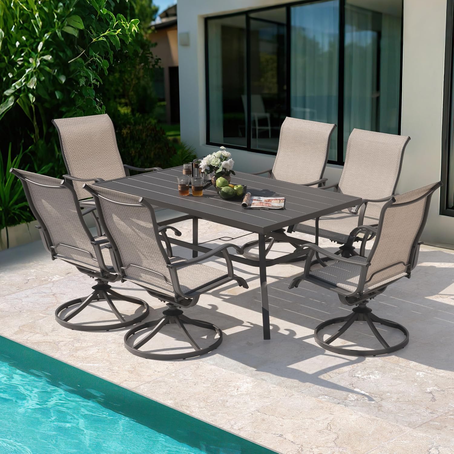 NUU GARDEN 7-Piece Outdoor Dining Set for 6, 61'' x 37'' Rectangle Metal Table with Umbrella Hole & 6PCS Textilene Swivel Chairs, All-Weather Patio Outdoor Furniture for Porch Backyard Garden Poolside