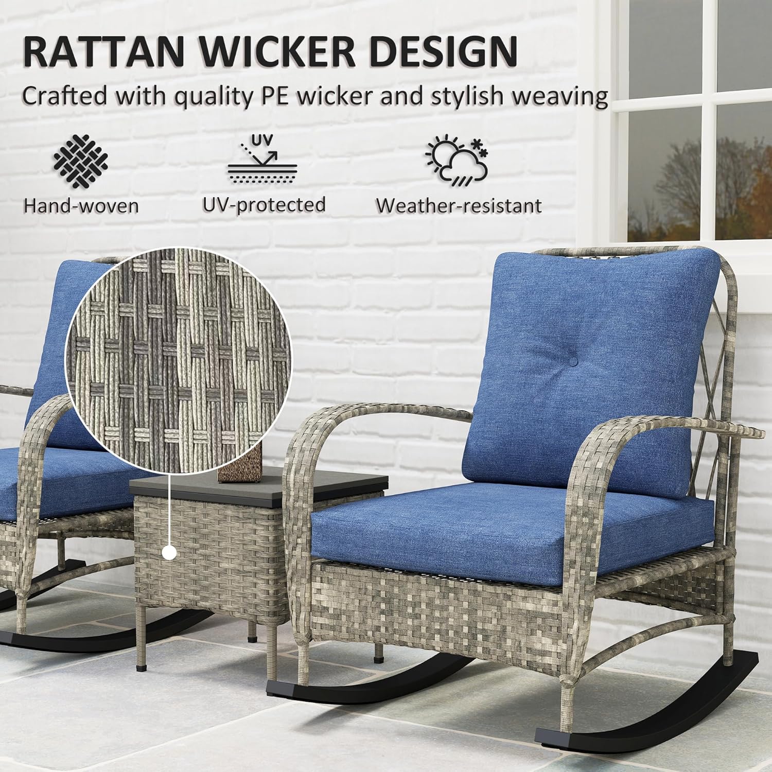 Outsunny 3 Piece Wicker Patio Furniture Set, PE Rattan Rocking Chairs with Coffee Table, Cushions, Outdoor Bistro Set for Porch, Garden, Poolside, Gray