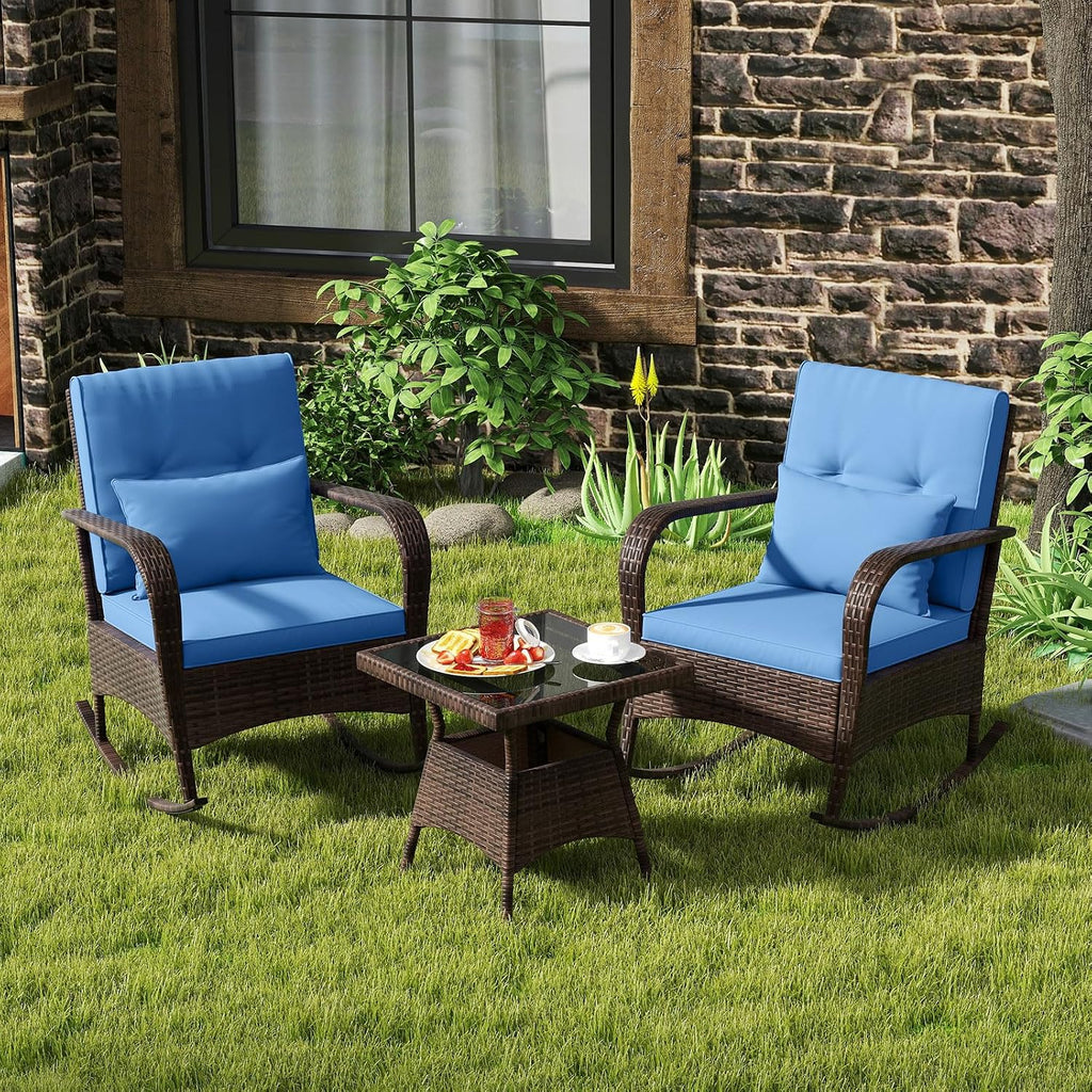 ORALNER 3 Pieces Patio Furniture Set, Outdoor Wicker Rocking Chairs with Cushions, Pillows, Glass Coffee Table, Rattan Bistro Rocker Set for Balcony Front Porch Poolside Garden Deck Yard (Navy)