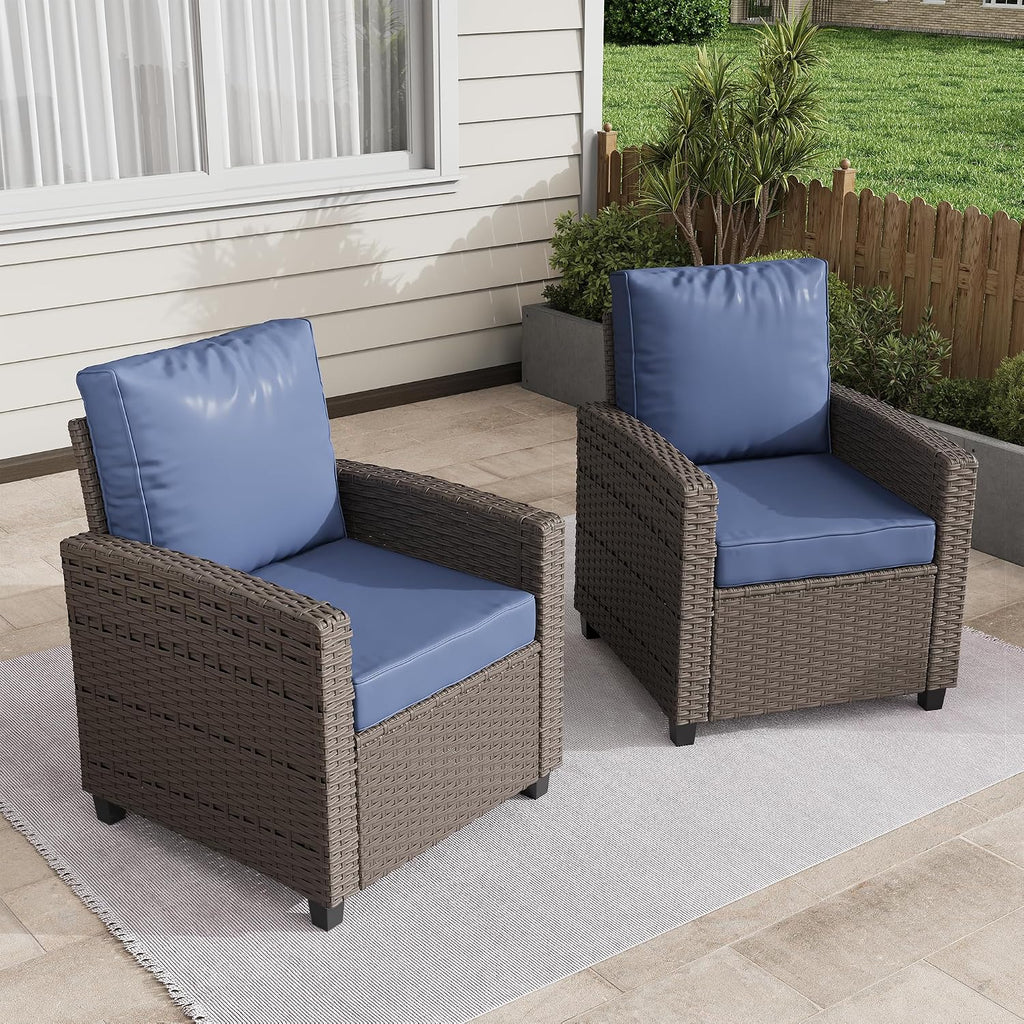 BUPPLEE 2 Pieces Patio Furniture Set, Outdoor Wicker Chairs Set of 2, All Weather High Back Rattan Chairs, Seating Club Chair Porch Chairs Set with Cushions for Balcony Porch Deck, Blue