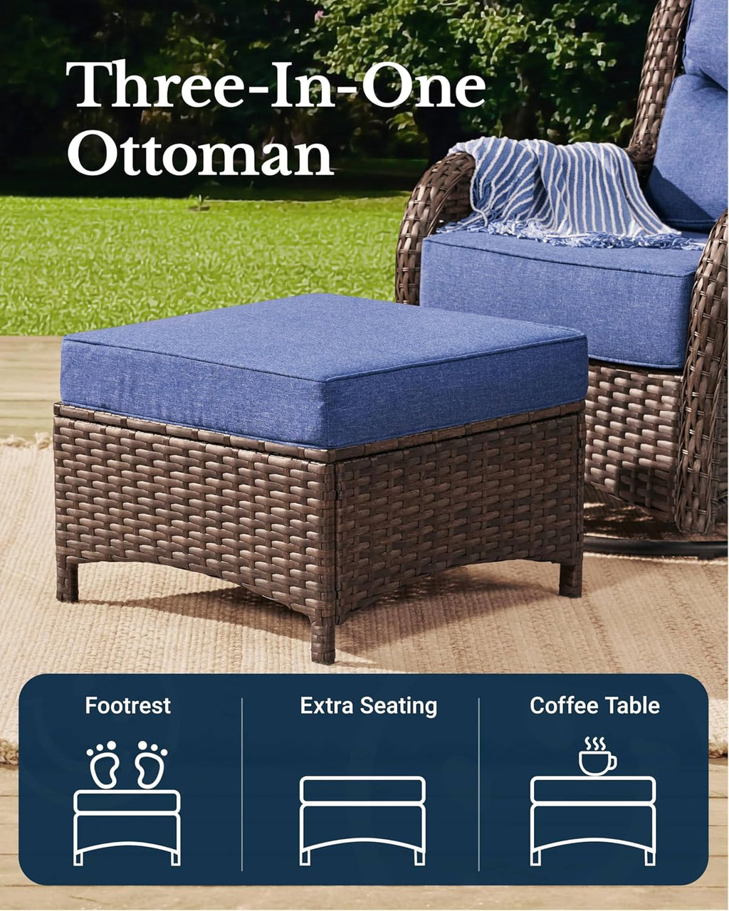 HILLGA Luxury High Back Patio Furniture Set with 6-Inch Thick Cushion, 6-Piece Outdoor Conversation Set with Corner Sofa, Swivel Rocker Chairs & Ottomans, Ideal for Porch Pool Deck Yard (Blue)