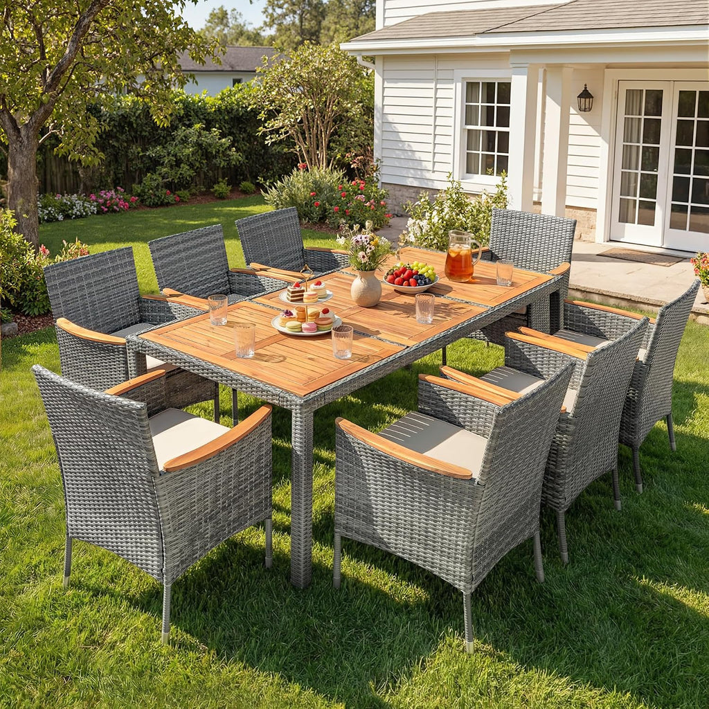 Devoko Outdoor Patio Dining Sets 9 Pieces Wicker Outdoor Dining Table and Chairs Set with Acacia Wood Table Top and Widened Armrests for Backyard, Garden, Deck (Grey)