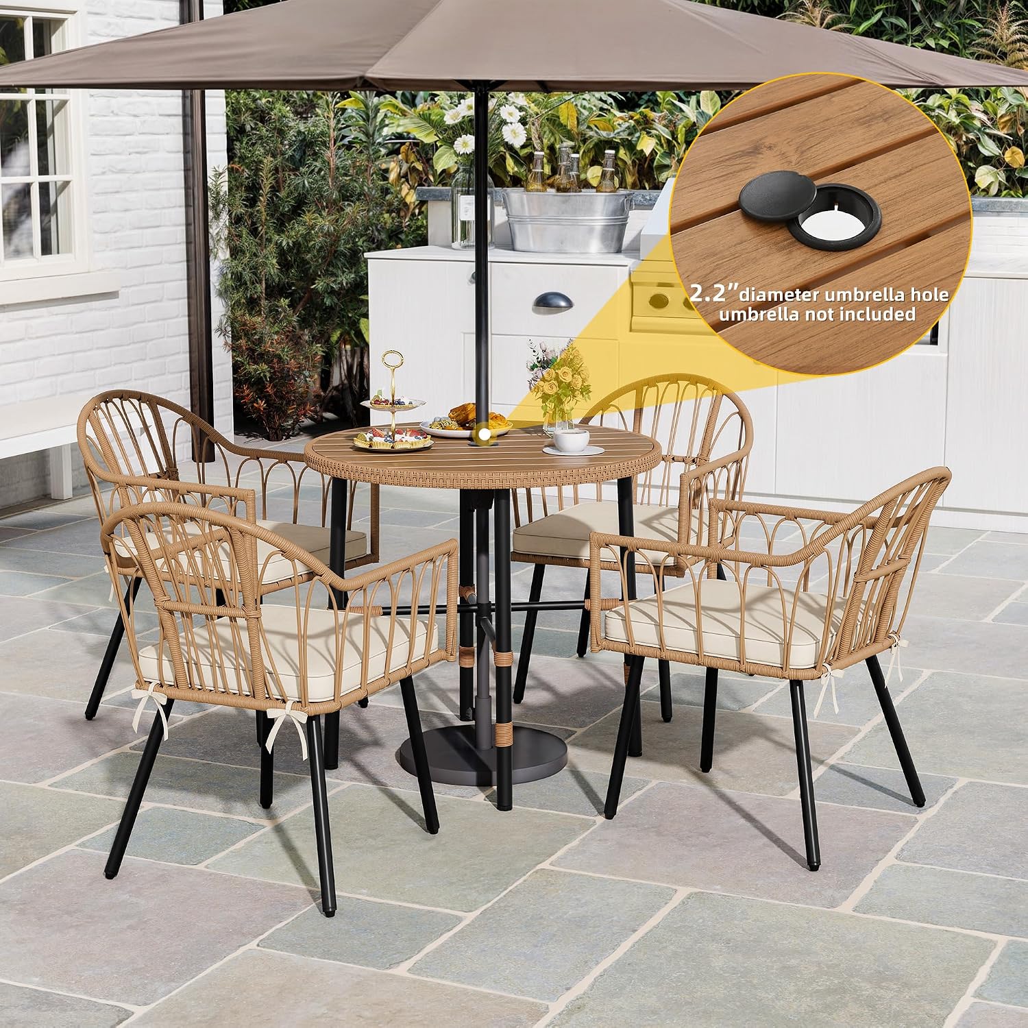 DWVO 5 Piece Patio Dining Sets, Outdoor Dining Furniture Set with 2' Umbrella Hole, Wicker Rattan Round Table and Chairs Set with Comfortable Cushions for Patio, Balcony, Backyard, Beige
