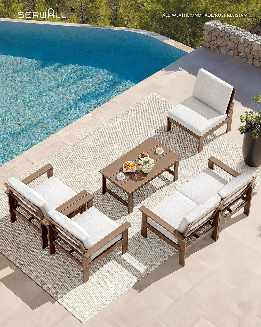 SERWALL HDPE Patio Conversation Set, 6-piece Sectional Outdoor Furniture Set, All Weather Outdoor Couch Set Patio Furniture Set for Deck, Lawn, Grey Frame with Khaki Cushion