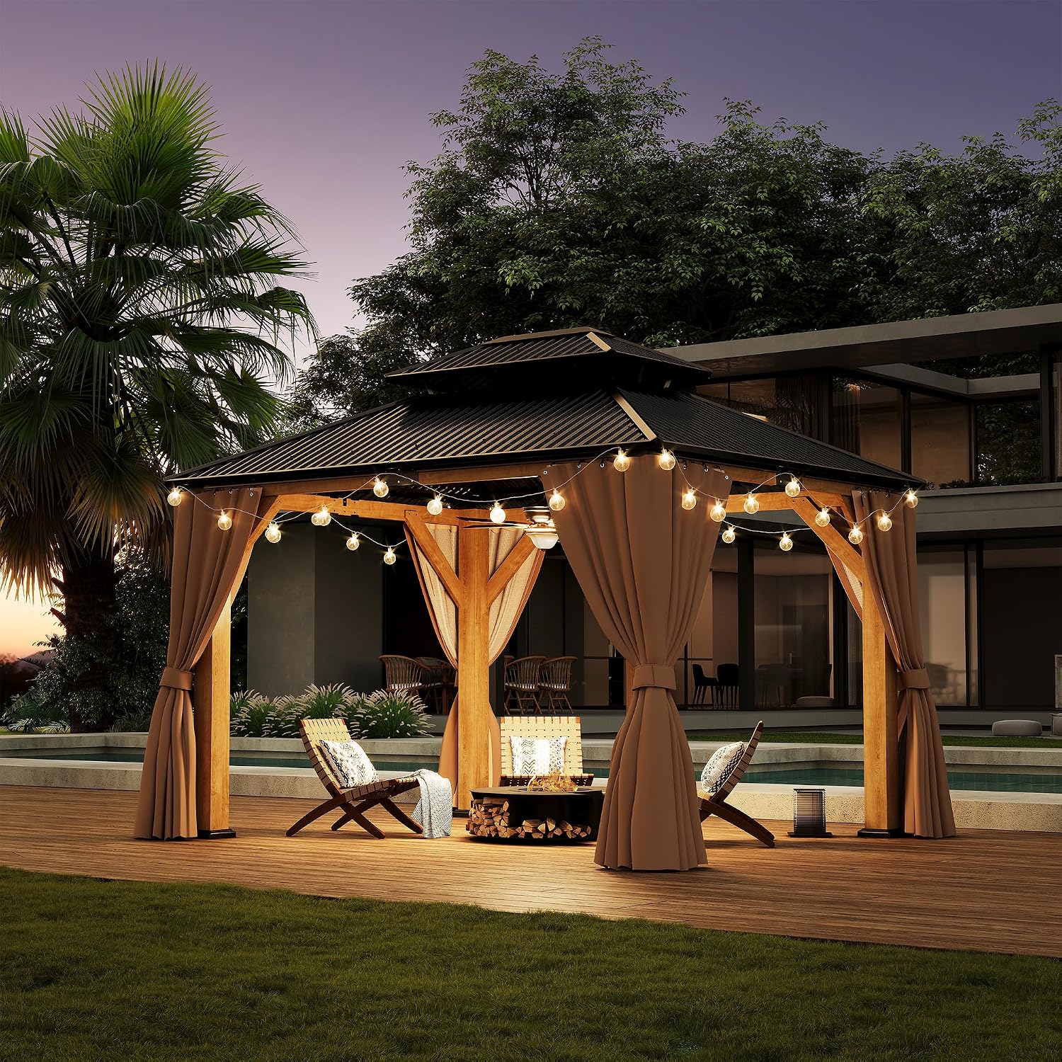 10'x12' Outdoor Wood Gazebo, Wooden Pavilion with Double Galvanized Steel Roof, Hardtop Gazebo with Natural Wood Frame, Curtains & Netting for Patio, Garden, Lawn, Deck, Backyard