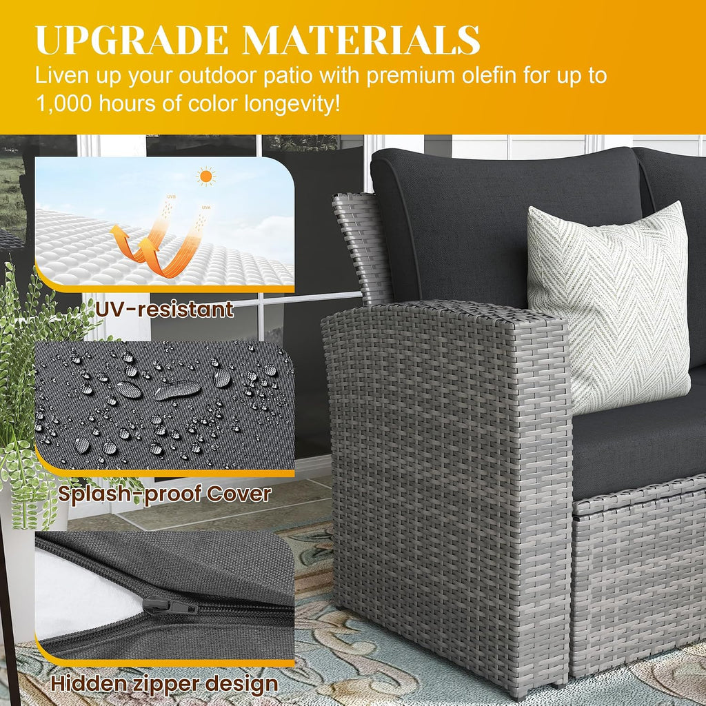 FansaFurn 4-Piece Outdoor Patio Furniture Set, All Weather Wicker Rattan Sectional Sofa Conversation Seating Set with Cushions & Large Glass Coffee Table, Ideal for Garden Backyard Porch, Dark Grey