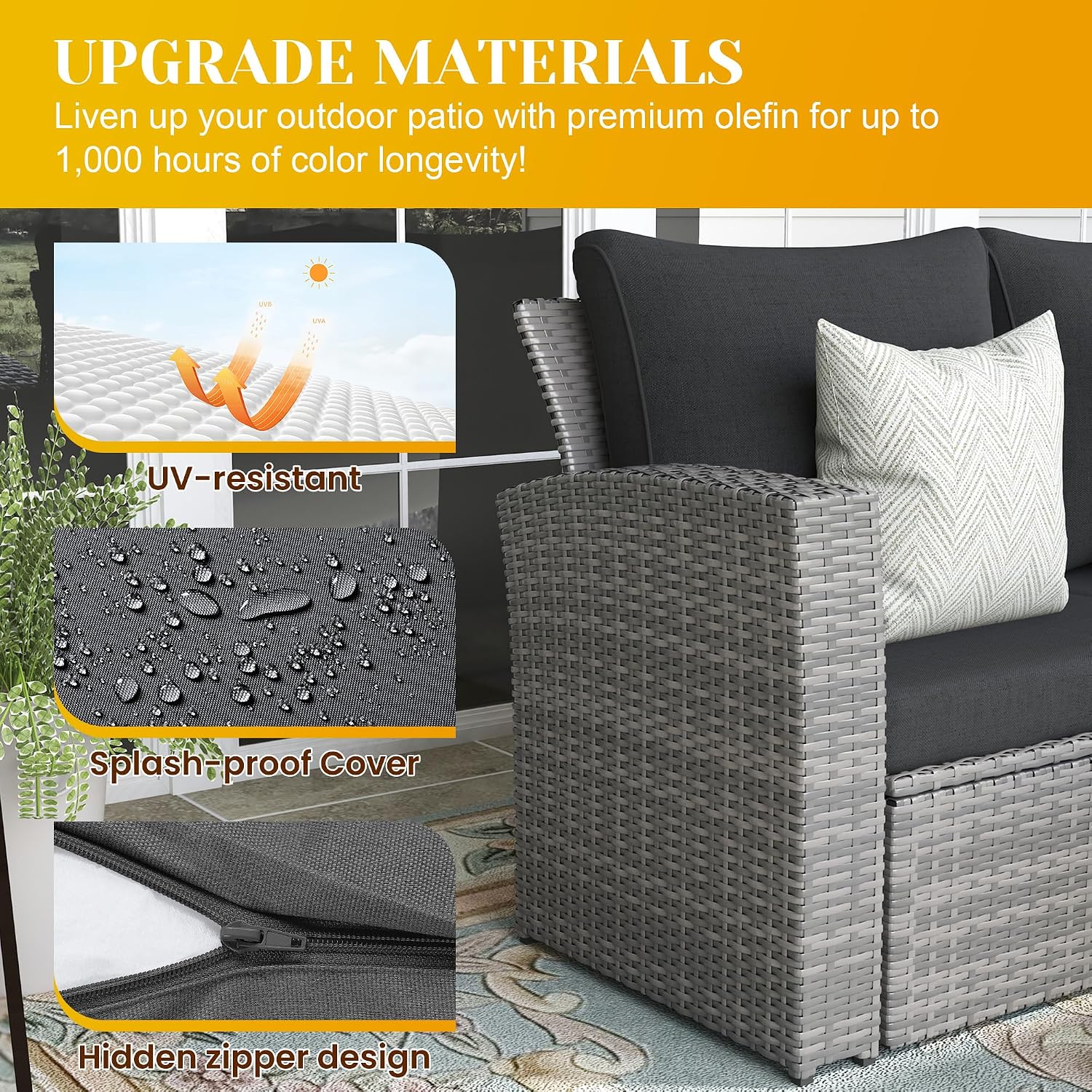 FansaFurn 4-Piece Outdoor Patio Furniture Set, All Weather Wicker Rattan Sectional Sofa Conversation Seating Set with Cushions & Large Glass Coffee Table, Ideal for Garden Backyard Porch, Dark Grey