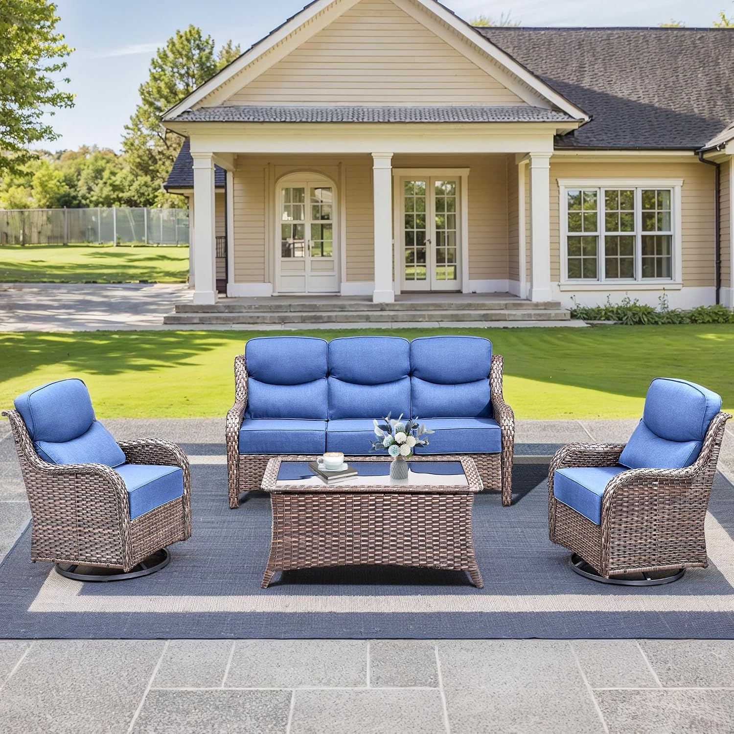 Luxury High Back Outdoor Furniture with 6-Inch Thick Cushions, Patio Furniture Set with Swivel Chairs, 4 PCS Wicker Conversation Set for Porch, Balcony, Deck and Yard