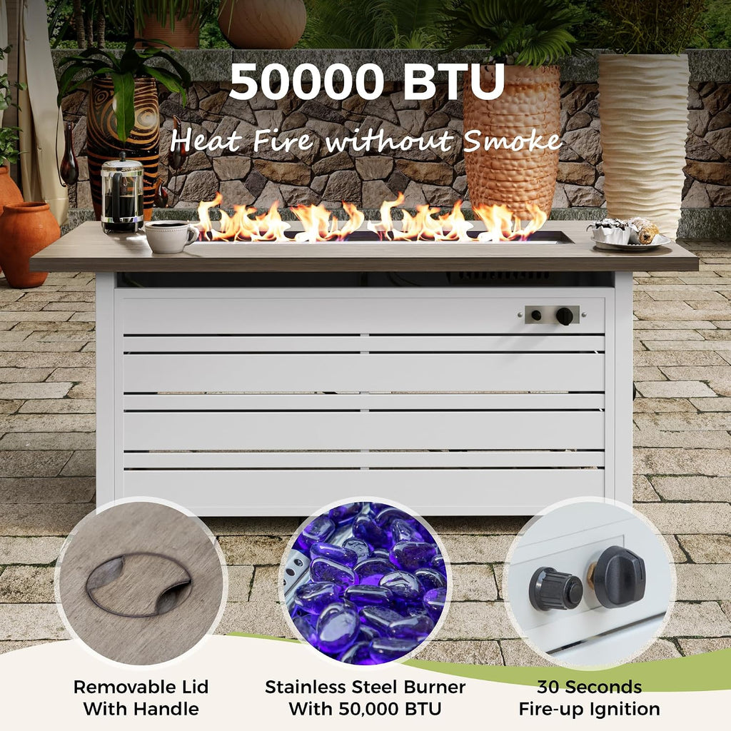 MIXPATIO Patio Furniture Set with Fire Pit Table, Metal Outdoor Conversation Set with 5.75'' Extra Thick Cushion, 4 Leg Chairs, 3-Seat Sofa and Gas Fire Pit Table, Beige