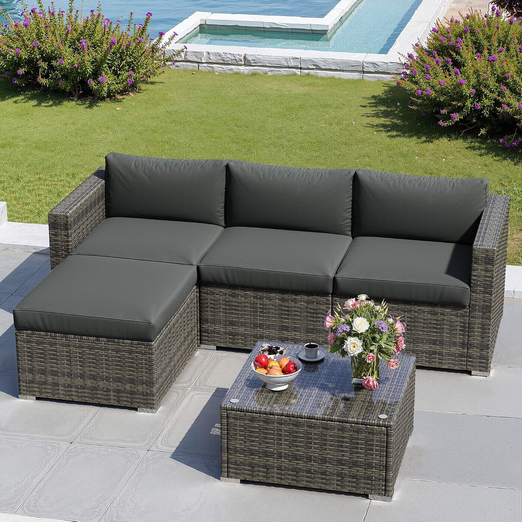 Green4ever 5-Piece Outdoor Patio Furniture Set, All-Weather Wicker Rattan Sectional Sofa with Cushions and Glass Coffee Table, Patio Conversation Set for Backyard, Porch, Garden, Balcony, Grey