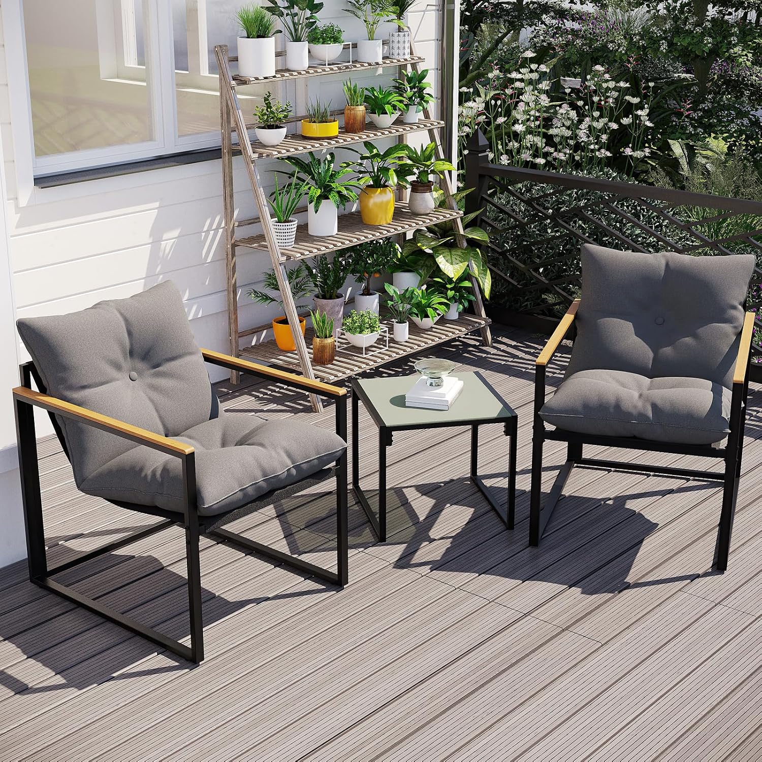 3 Piece Patio Bistro Set Outdoor & Indoor - Small Space Balcony Furniture with 2 Cushioned Deep Seating Chairs & Coffee Table, Rust-Proof Metal Frame, Breathable Textilene, Modern Porch Deck Set