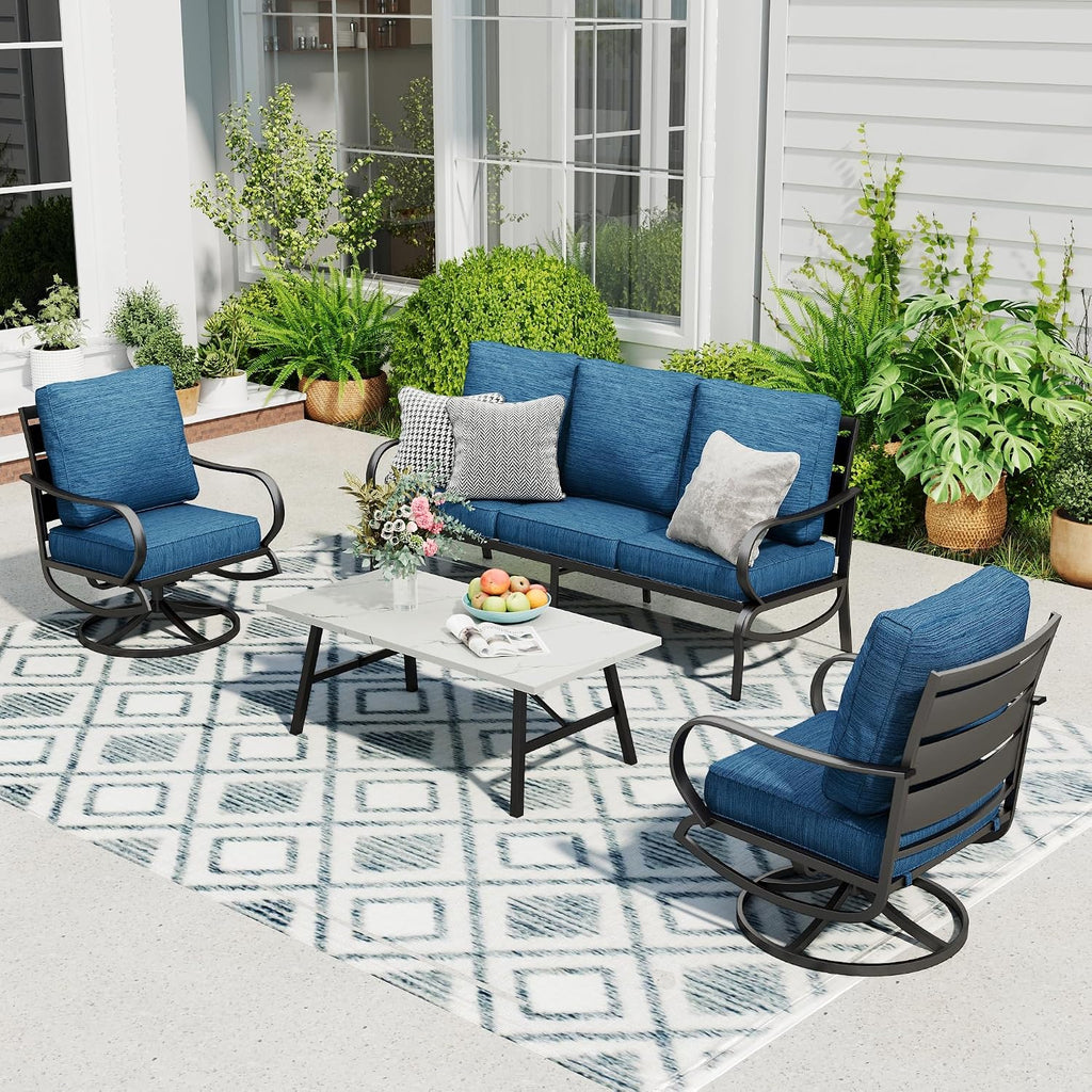 Sophia & William Patio Furniture Sets 5 Seats Outdoor Metal Conversation Sets with 2 x Cushioned Swivel Sofa Chairs,1 x 3-Seat Sofa, 1x Marbling Metal Coffee Table Lawn Backyard Poolside Peacock Blue