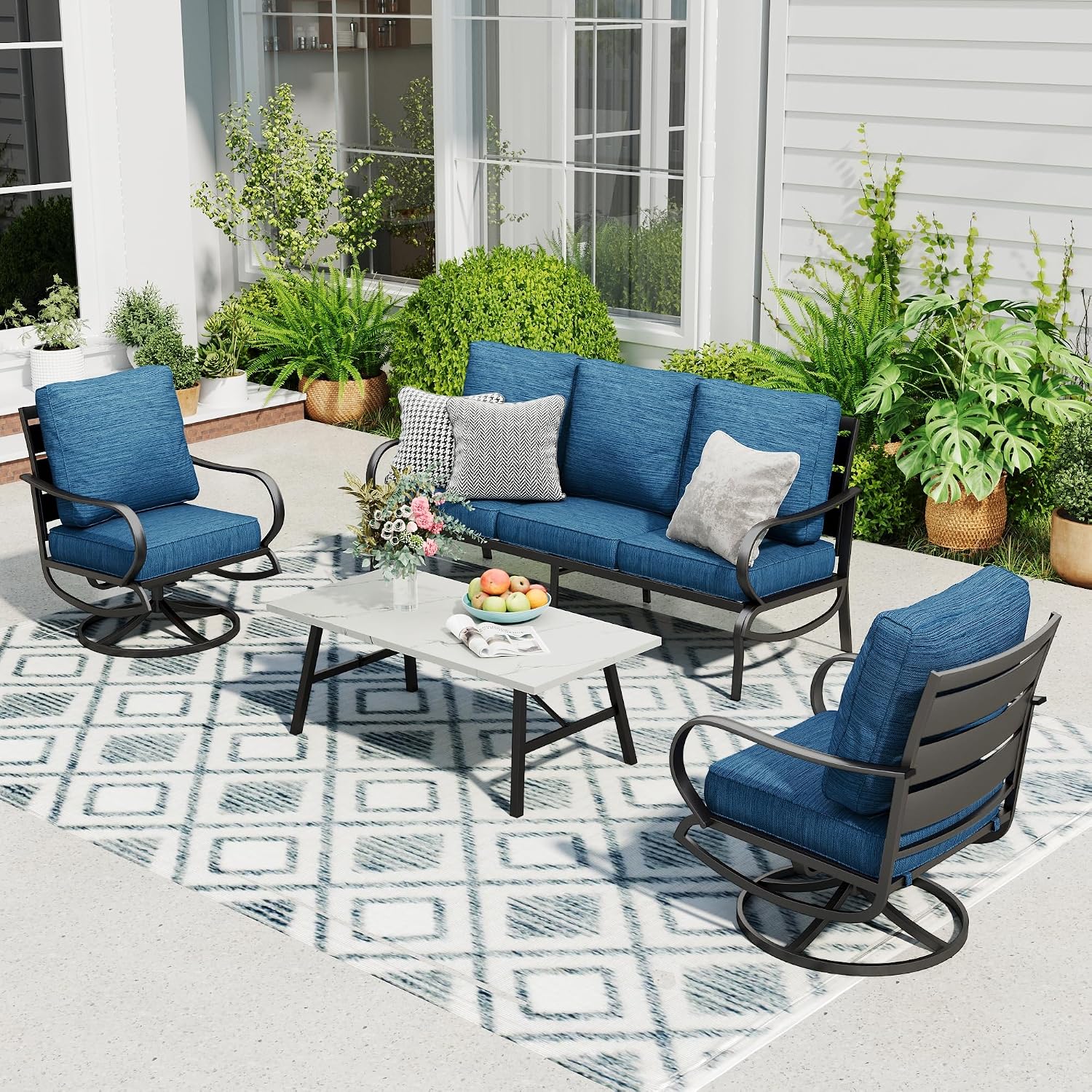 Sophia & William Patio Furniture Sets 5 Seats Outdoor Metal Conversation Sets with 2 x Cushioned Swivel Sofa Chairs,1 x 3-Seat Sofa, 1x Marbling Metal Coffee Table Lawn Backyard Poolside Peacock Blue