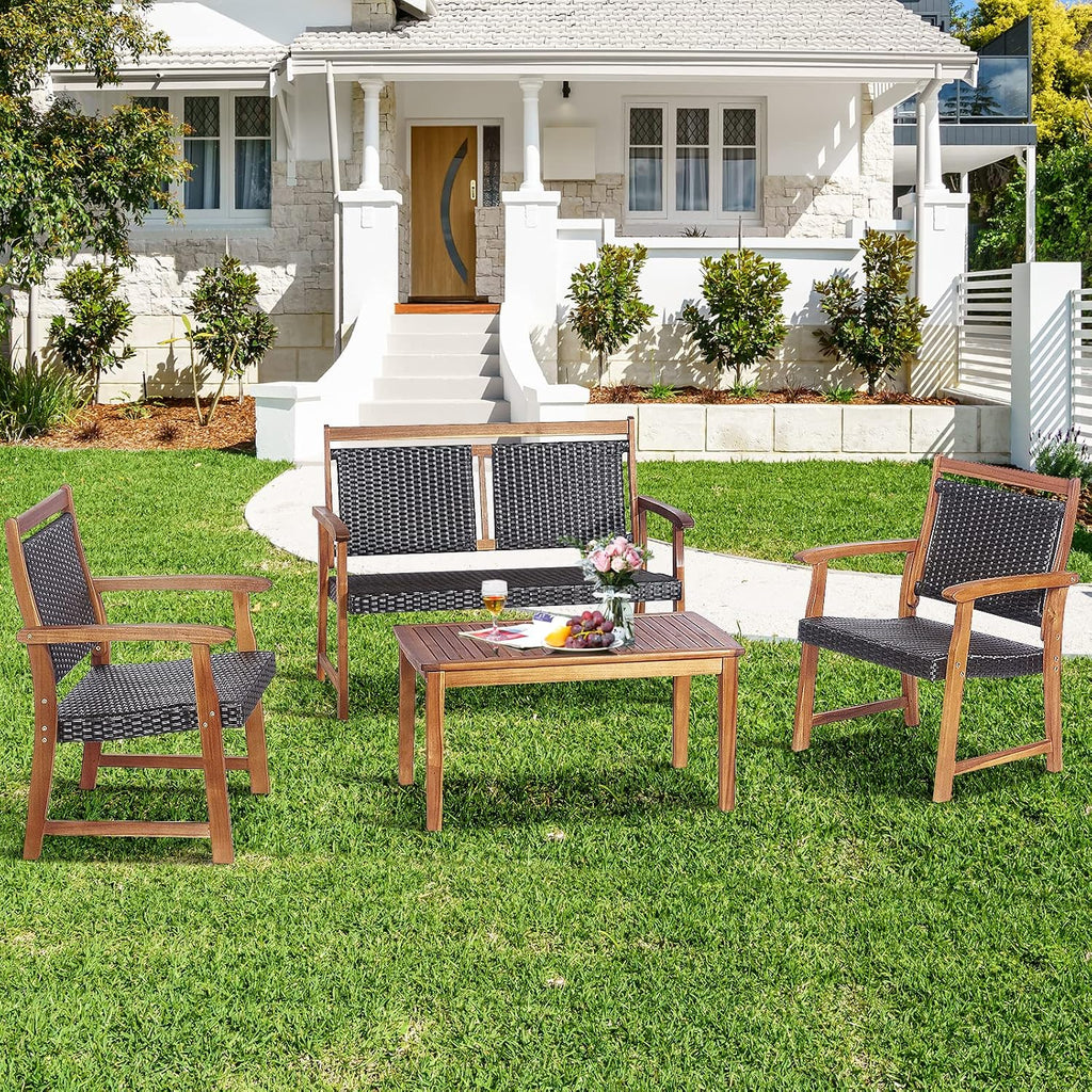 Tangkula 4 Pieces Patio Rattan Conversation Set with Acacia Wood Frame, Patiojoy Outdoor Furniture Set with Chairs & Coffee Table, Sectional Furniture Set for Garden, Backyard, Poolside