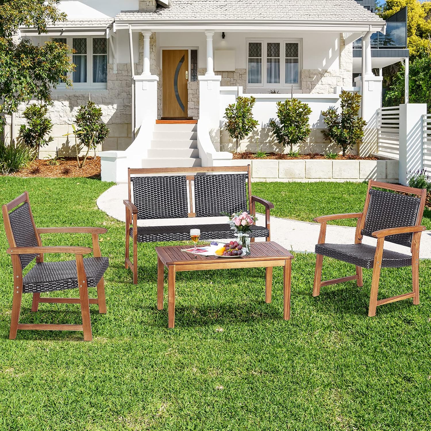Tangkula 4 Pieces Patio Rattan Conversation Set with Acacia Wood Frame, Patiojoy Outdoor Furniture Set with Chairs & Coffee Table, Sectional Furniture Set for Garden, Backyard, Poolside
