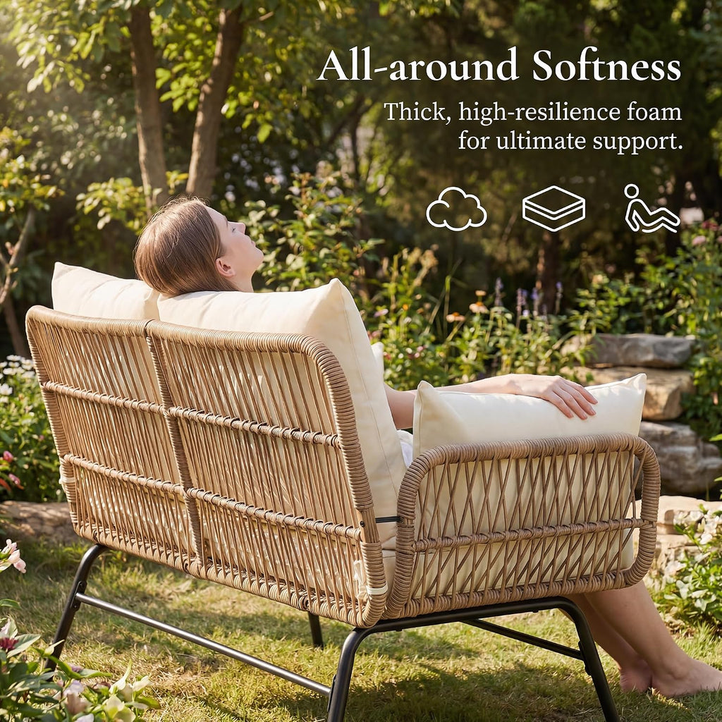 NICESOUL Boho 3-Piece L-Shaped Outdoor Patio Furniture Set with Comfy 2' Thickened Cushion, High Back Wicker Lounge Sectional Sofa w/Ice Bucket for Porch Balcony Deck Garden, Beige