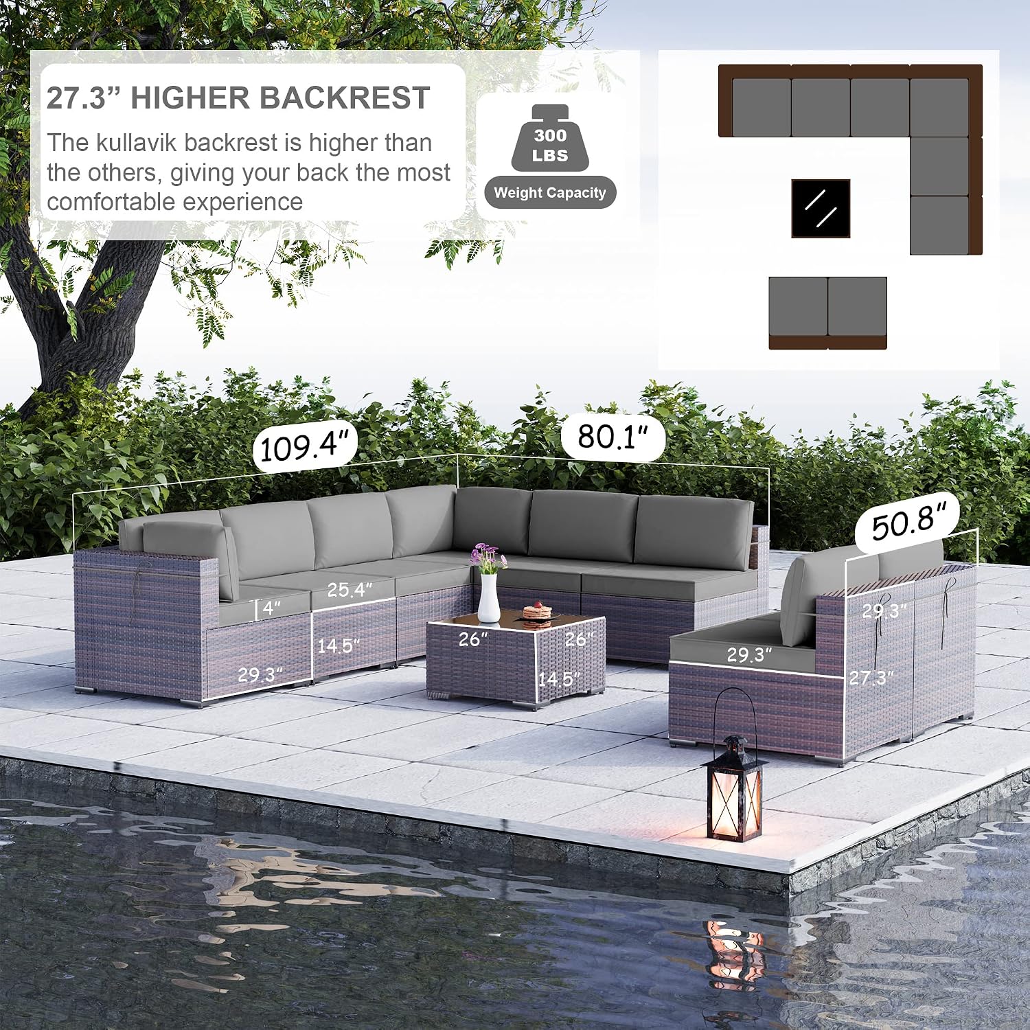 Kullavik 9PCS Outdoor Patio Furniture Set PE Wicker Rattan Sectional Sofa Patio Conversation Sets,Grey