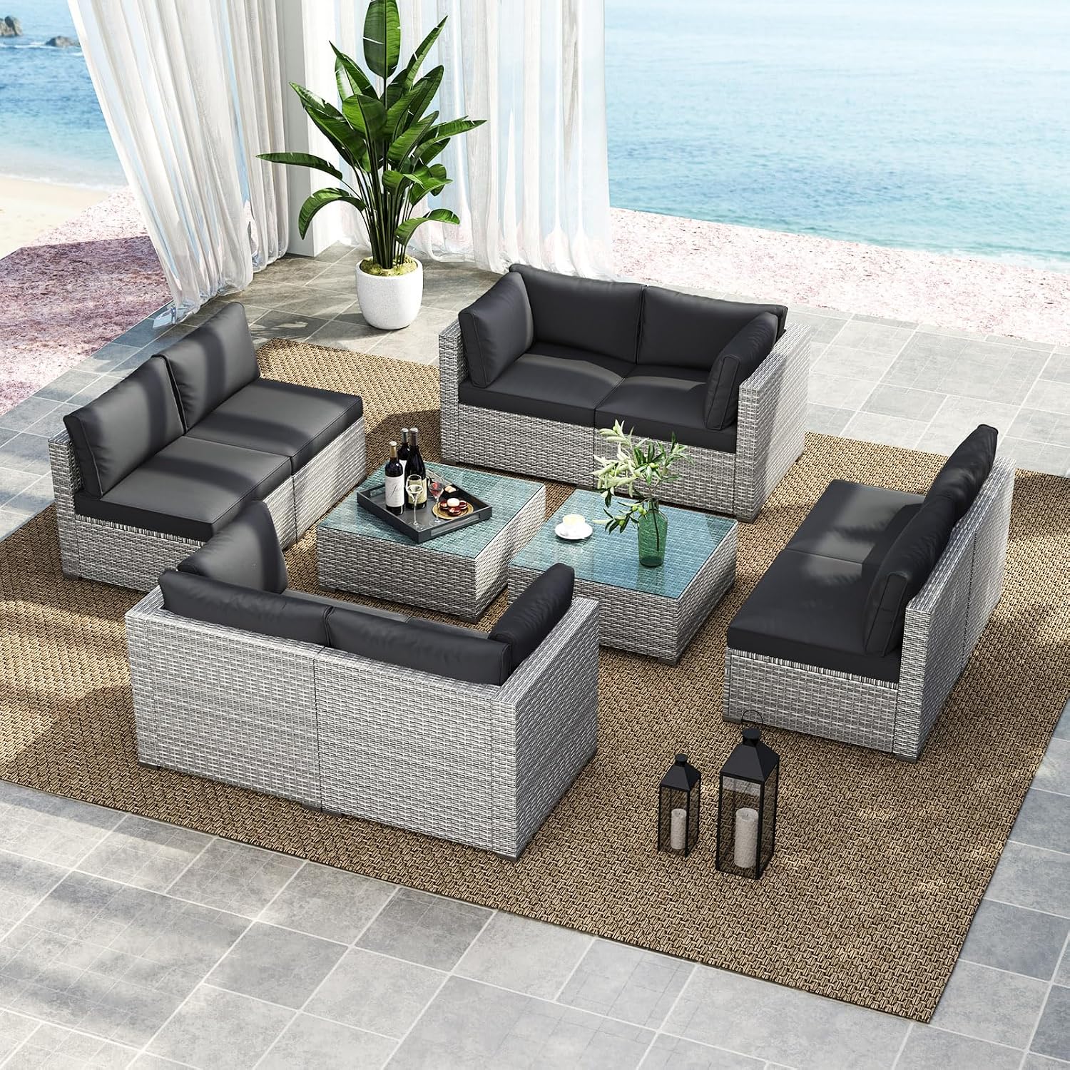 Tangkula 10-Piece Outdoor Patio Sectional Sofa Couch, PE Rattan Conversation Set w/Glass Coffee Table & Cushions, Outdoor Furniture Set w/Sturdy Metal Frame for Garden Poolside Backyard