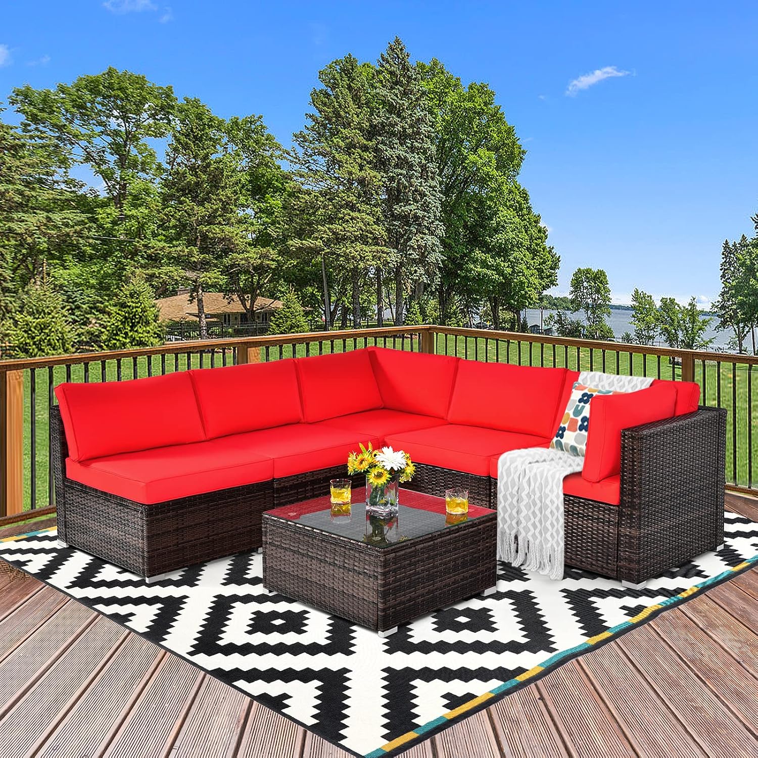 COSTWAY 6-Piece Outdoor Patio Furniture Set, Rattan Sectional Sofa Set with Tempered Glass Coffee Table and Cushions for Garden, Deck, Backyard (Red)
