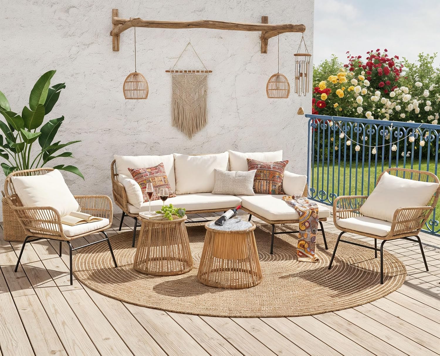 NICESOUL® 6 Pcs Boho Outdoor Patio Furniture Set, High Back L-Shaped Outdoor Couch with Ice Bucket Table, Sturdy Comfy Wicker Sectional Sofa for Garden Balcony Deck Porch or Backyard, Beige