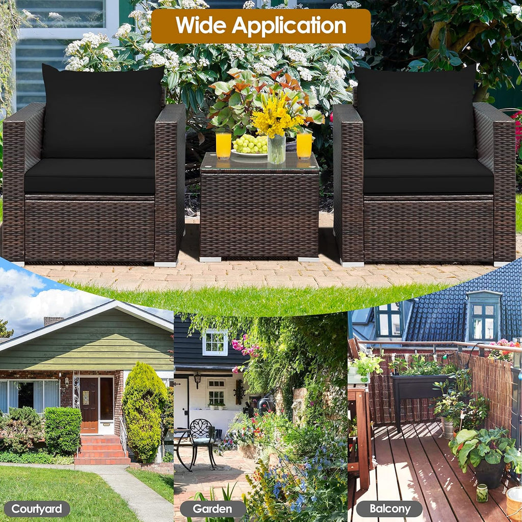 COSTWAY 3-Piece Patio Furniture Set, Outdoor Wicker Rattan Sofa with Cushions and Coffee Table with Tempered Glass, Modern Conversation Chair Set for Poolside Backyard Balcony Lawn (Black)