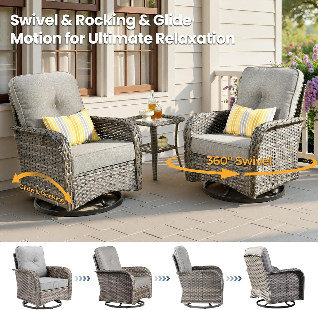Outdoor Swivel Rocker Patio Chairs, 3 Piece Patio Furniture Set with Glider Chairs and Wicker Coffee Table, All Weather Rattan Chair Set for Porch Deck Yard Balcony, Dark Gray