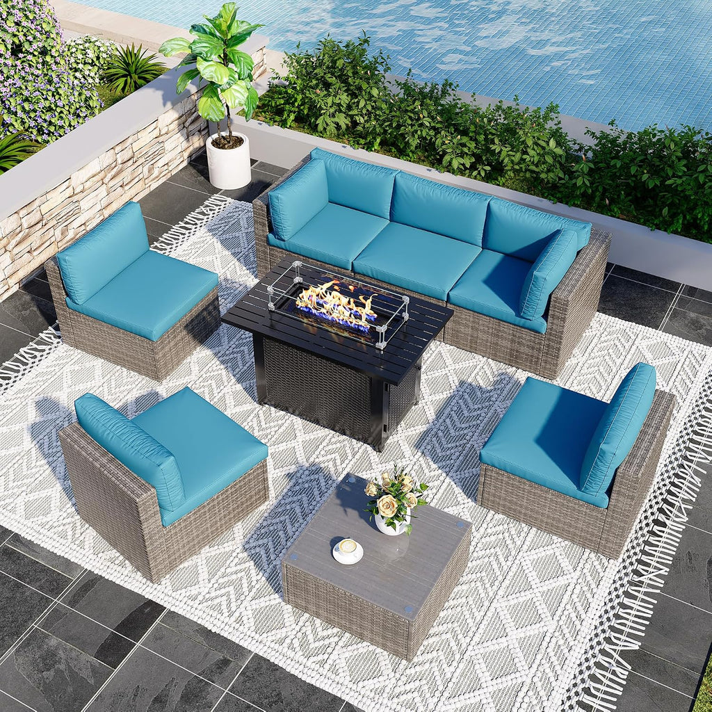 8 Pieces Outdoor Patio Furniture Set with 43' Fire Pit Table, Wicker Outdoor Patio Sectional Sofas Coffee Table, All-Weather Patio Conversation Set with Cushions for Garden Backyard, Light Blue