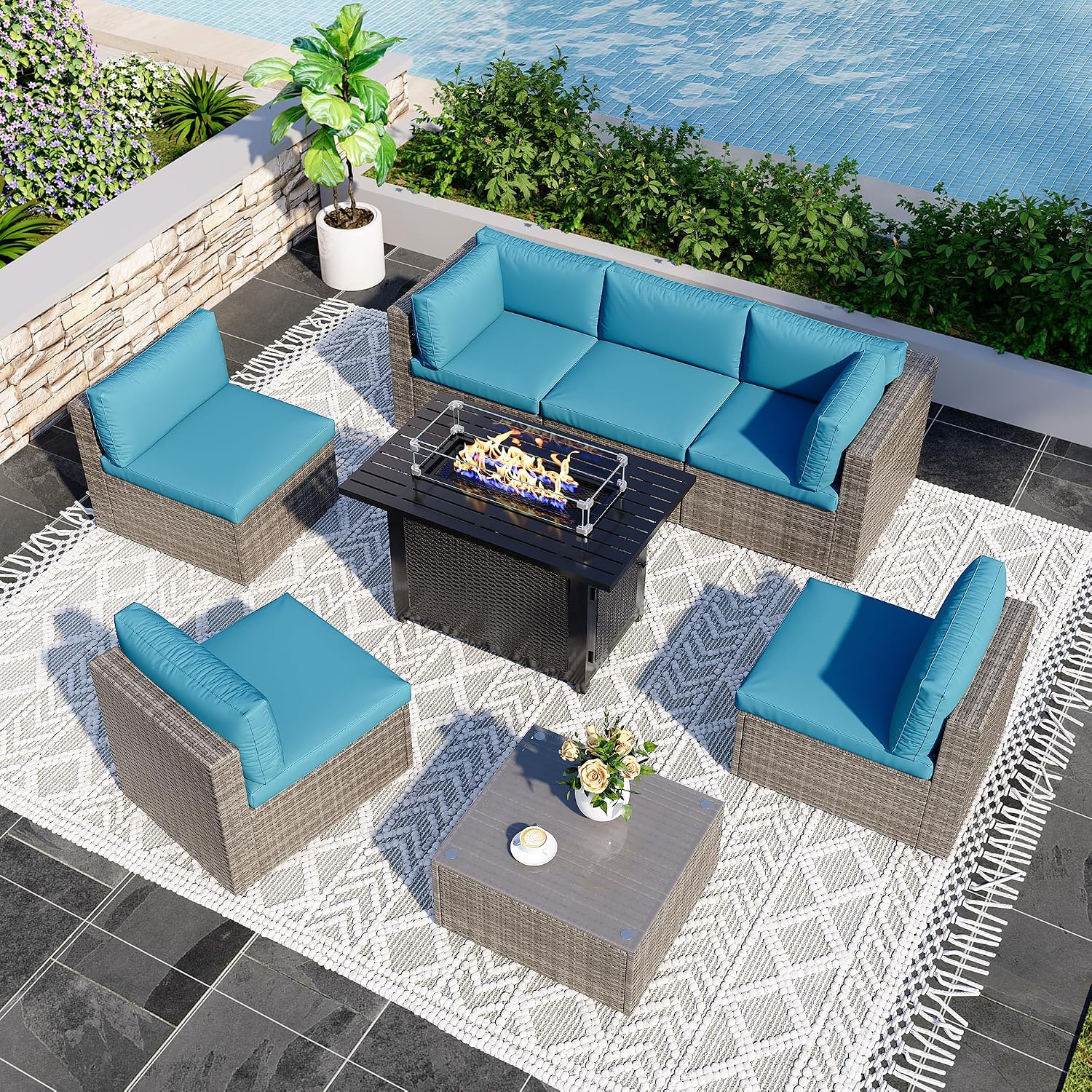 8 Pieces Outdoor Patio Furniture Set with 43' Fire Pit Table, Wicker Outdoor Patio Sectional Sofas Coffee Table, All-Weather Patio Conversation Set with Cushions for Garden Backyard, Light Blue