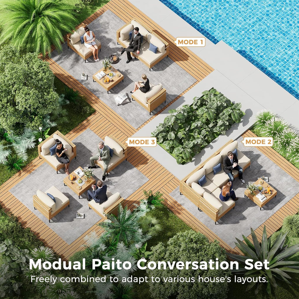ABCASA Patio Furniture Set, 5-Piece Wicker Outdoor Patio Furniture Sets with Anti-Slip Cushions & Coffee Table,Boho Patio Conversation Set Sectional Sofa for Backyard,Porch,Beige