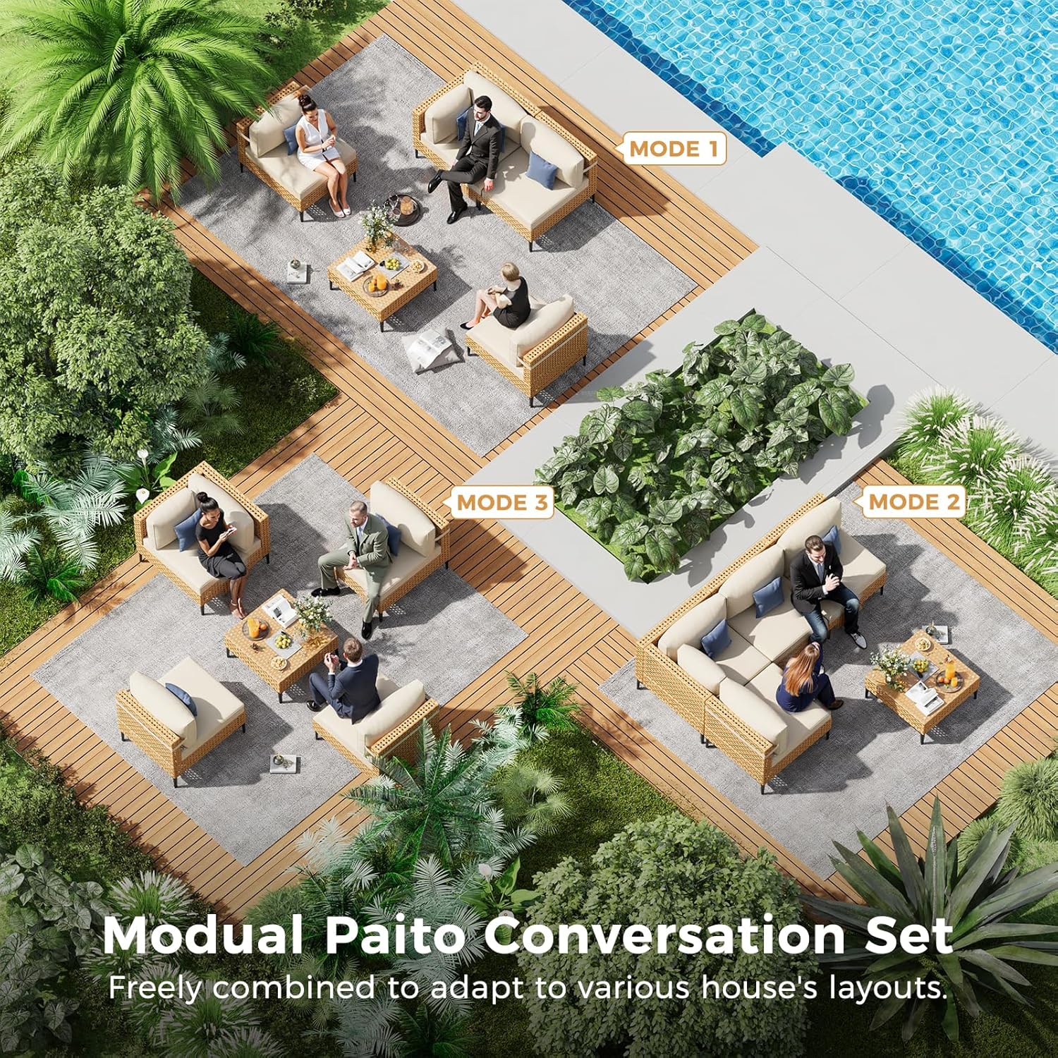 ABCASA Patio Furniture Set, 5-Piece Wicker Outdoor Patio Furniture Sets with Anti-Slip Cushions & Coffee Table,Boho Patio Conversation Set Sectional Sofa for Backyard,Porch,Beige
