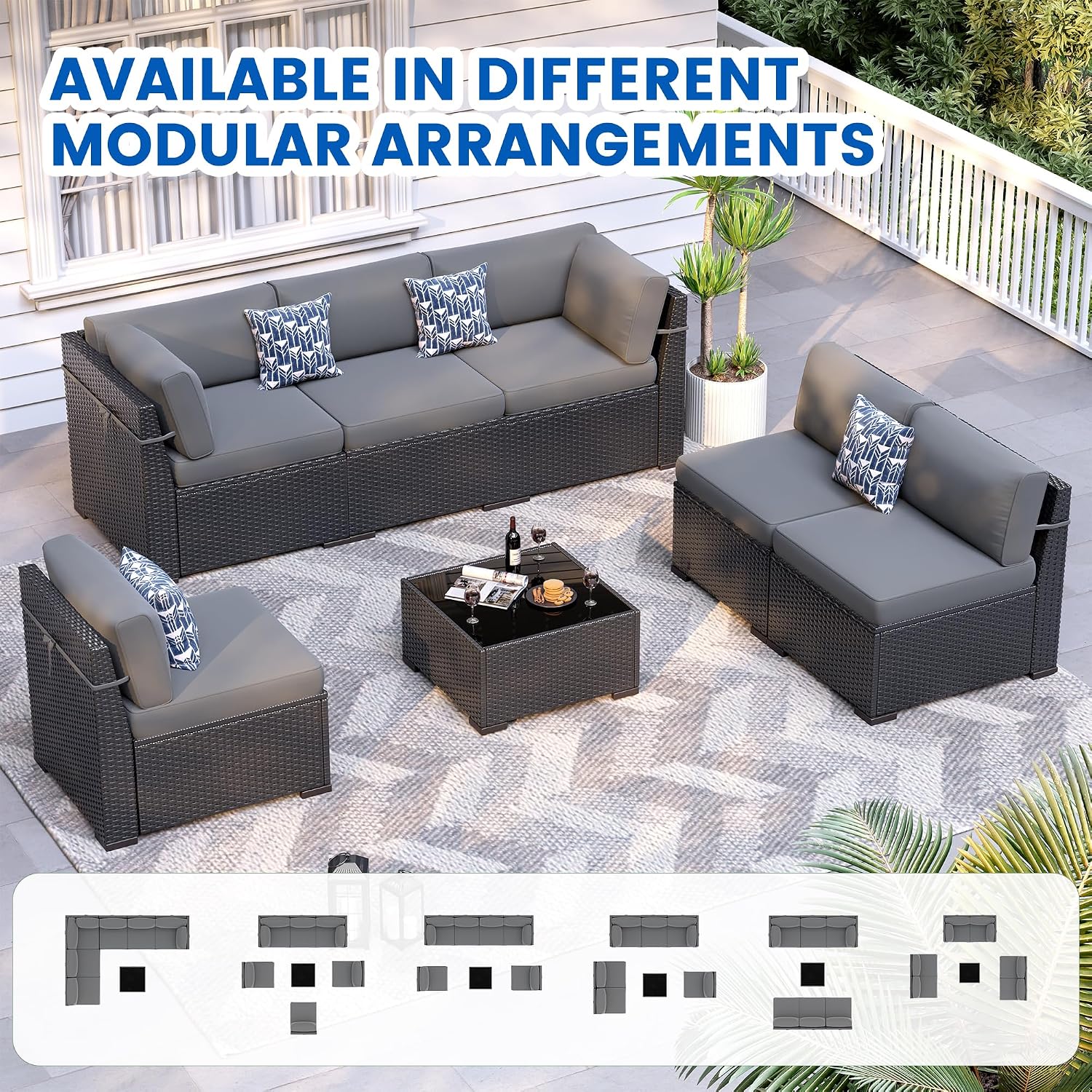Patio Furniture Sets, 7-Piece Outdoor Patio Furniture with Thick Cushions,Coffee Table Outdoor All-Weather Conversation Set Sectional Sofa for Backyard, Poolside, Garden(Grey)