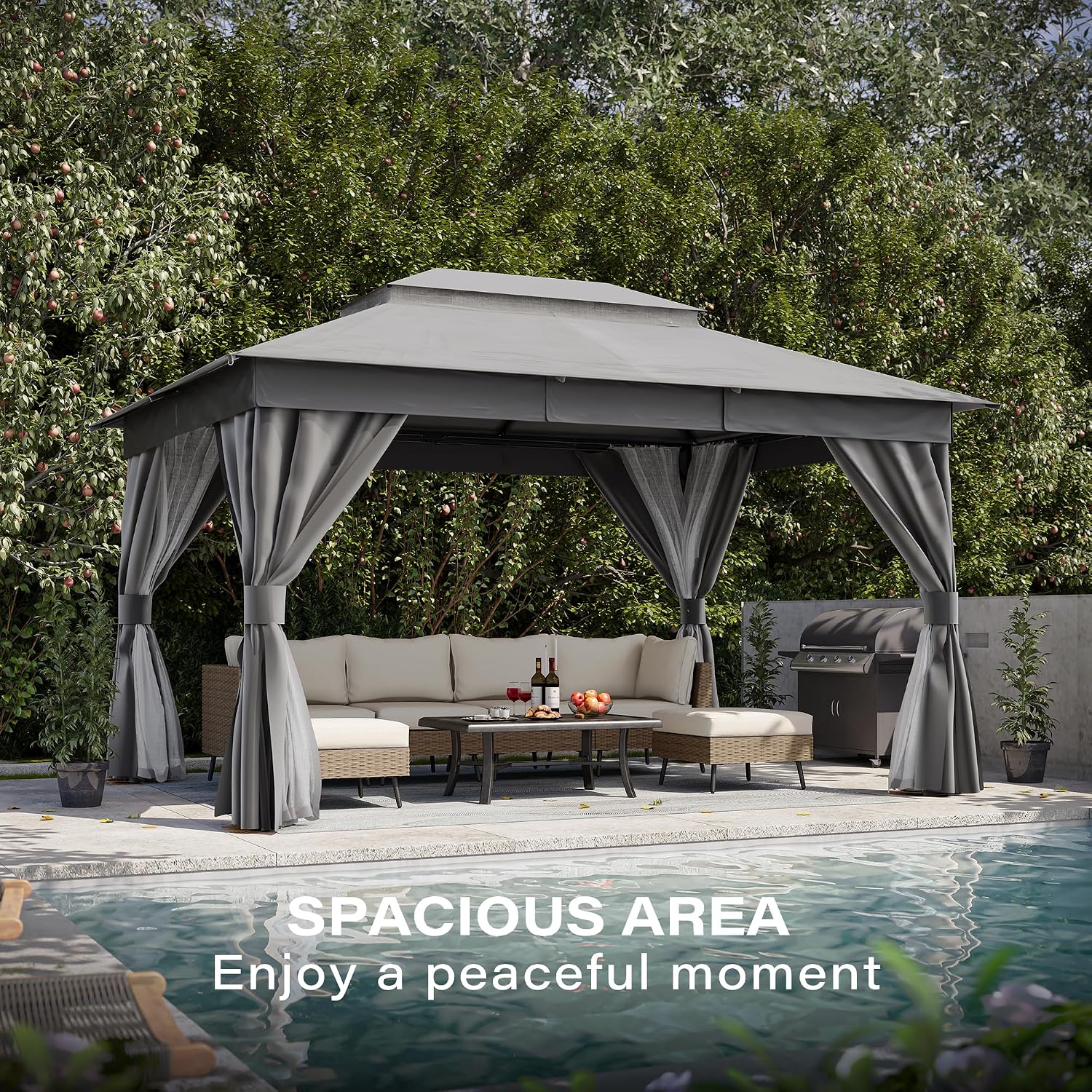 LAUSAINT HOME Gazebo 10x13ft, Heavy Duty Patio Gazebo with Expansion Bolts, Party Canopy Tent with Double Roofs, Mosquito Nettings and Privacy Screens for Backyard, Garden, Lawn, Grey