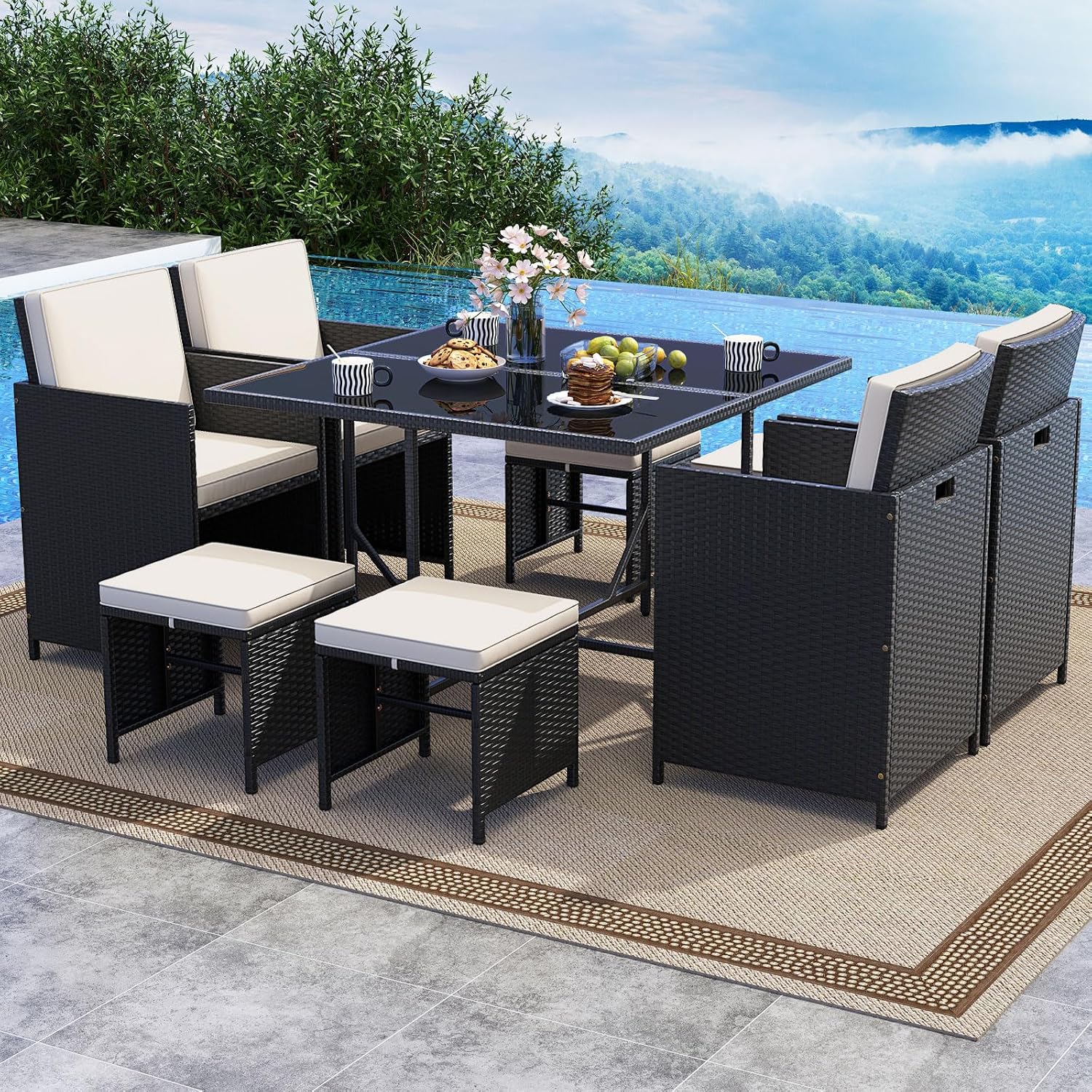Tangkula 9 Piece Patio Dining Set, Rattan Chairs with Tempered Glass Table & Ottoman, Space Saving Wicker Sectional Conversation Set with Removable Cushions, Outdoor Furniture for Backyard Garden Deck