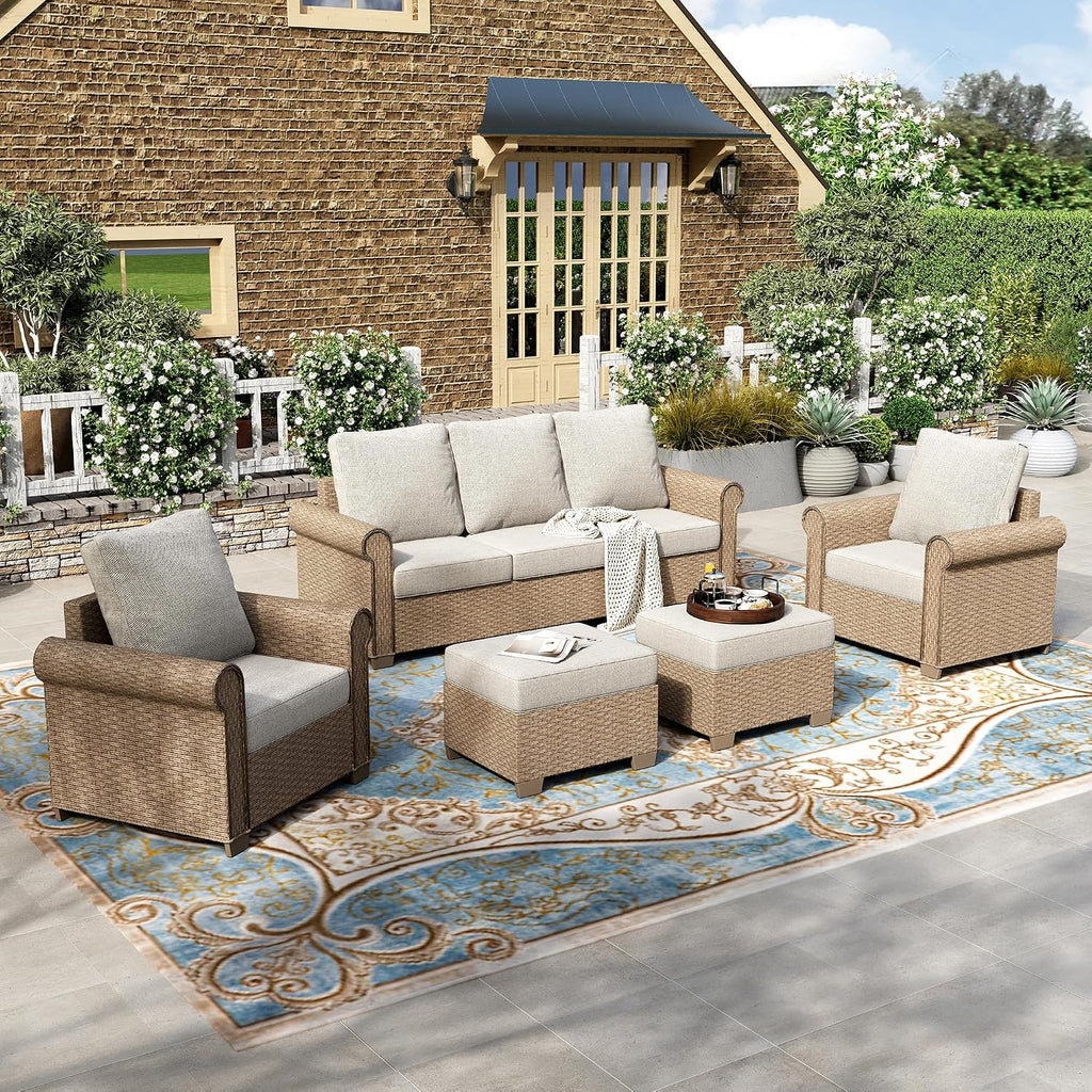 HERA'S HOUSE 5 Pieces Patio Furniture Set, All Weather 7 Seats Outdoor Wicker Sofa with Ottoman, 5.5' Thick Waterproof Cushion Conversation Set for Garden Deck Backyard, Beige