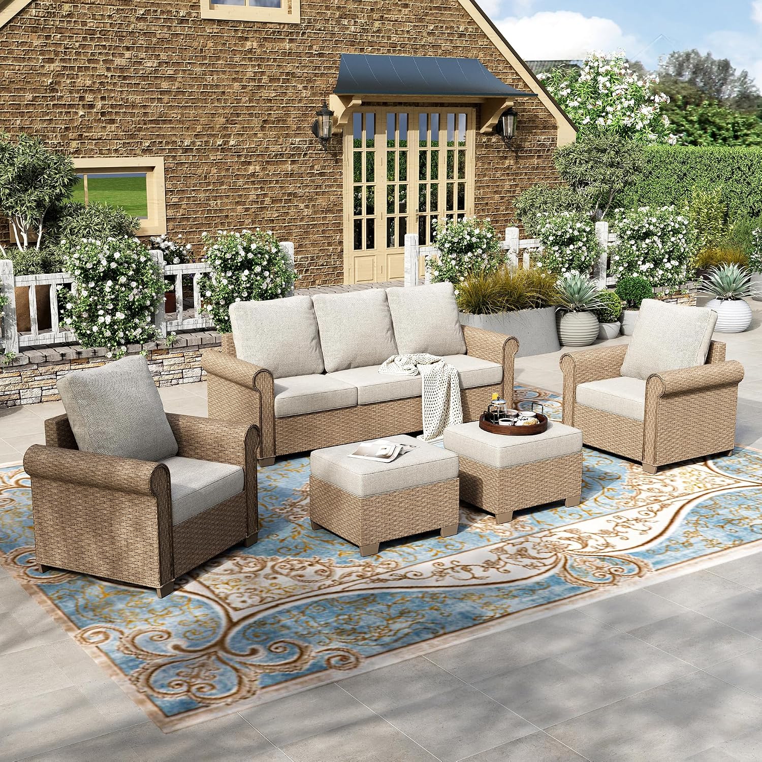 HERA'S HOUSE 5 Pieces Patio Furniture Set, All Weather 7 Seats Outdoor Wicker Sofa with Ottoman, 5.5' Thick Waterproof Cushion Conversation Set for Garden Deck Backyard, Beige