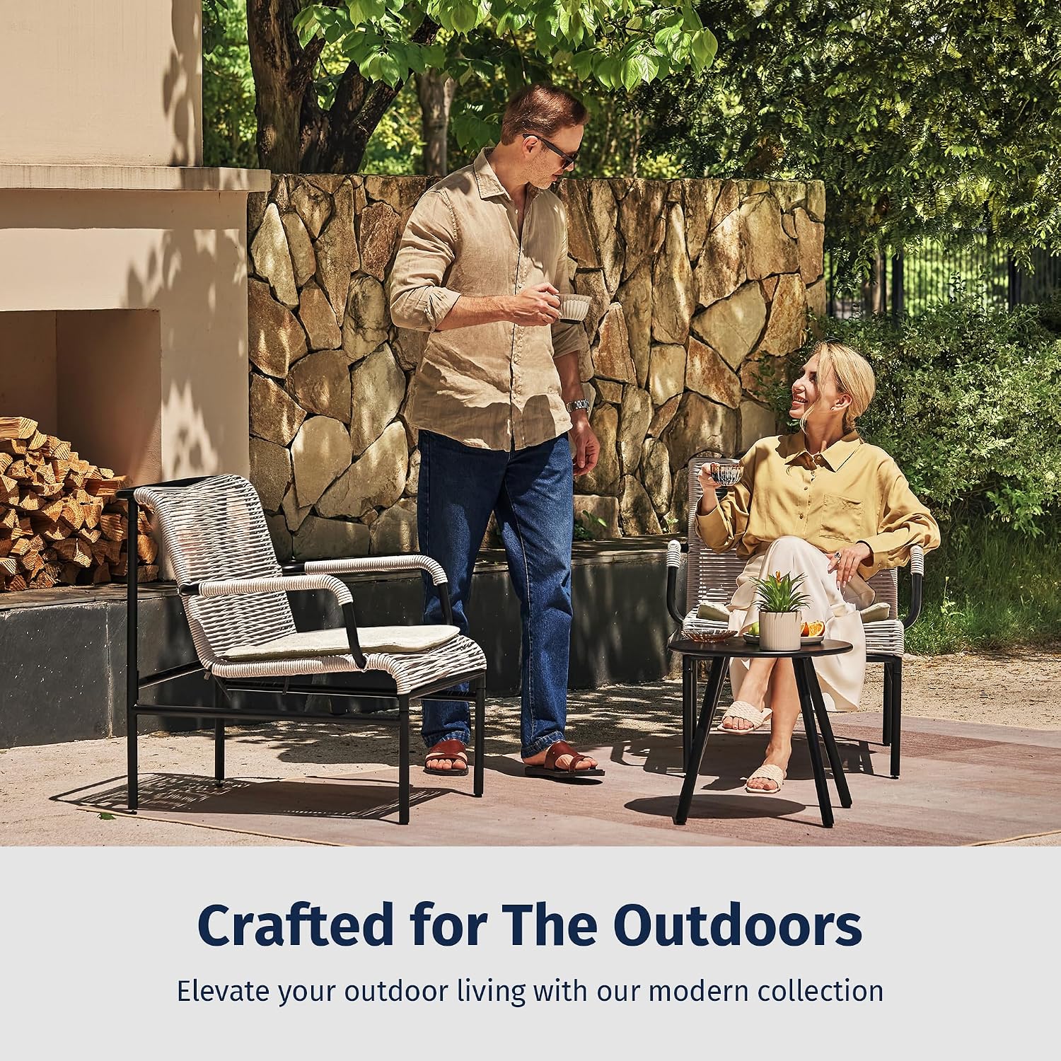 East Oak 3-Piece Patio Furniture Set, Outdoor Bistro Set with PE Rattan Wicker Wide Chairs, Soft Cushions & Coffee Table, Modern All-Weather Wicker Patio Set for Garden and Porch, Creamy Apricot