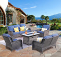 ovios 5 Pieces Patio Furniture Set with 42' Fire Pit Table, Outdoor Wicker Sofa with Loveseat, Comfy Cushions, High Back Couch Conversation Set, Grey Rattan, Denim Blue