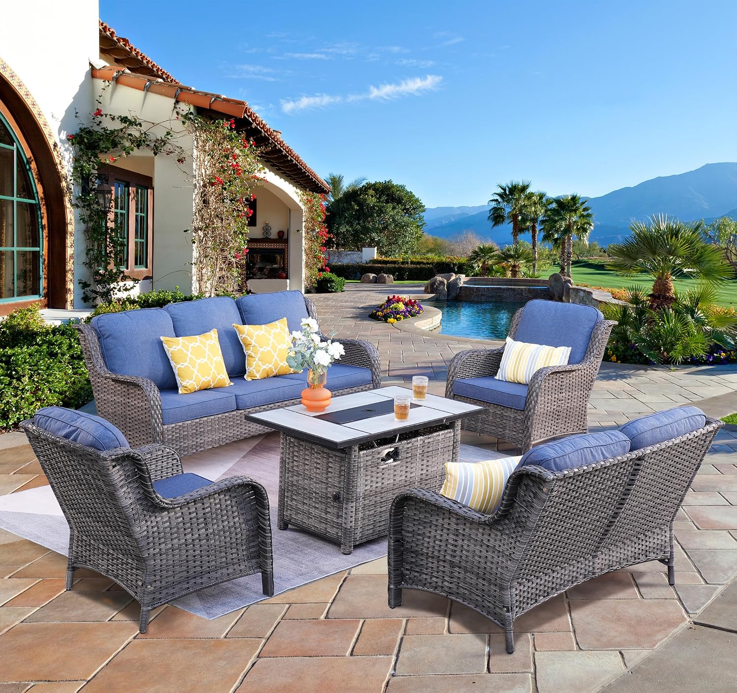 ovios 5 Pieces Patio Furniture Set with 42' Fire Pit Table, Outdoor Wicker Sofa with Loveseat, Comfy Cushions, High Back Couch Conversation Set, Grey Rattan, Denim Blue