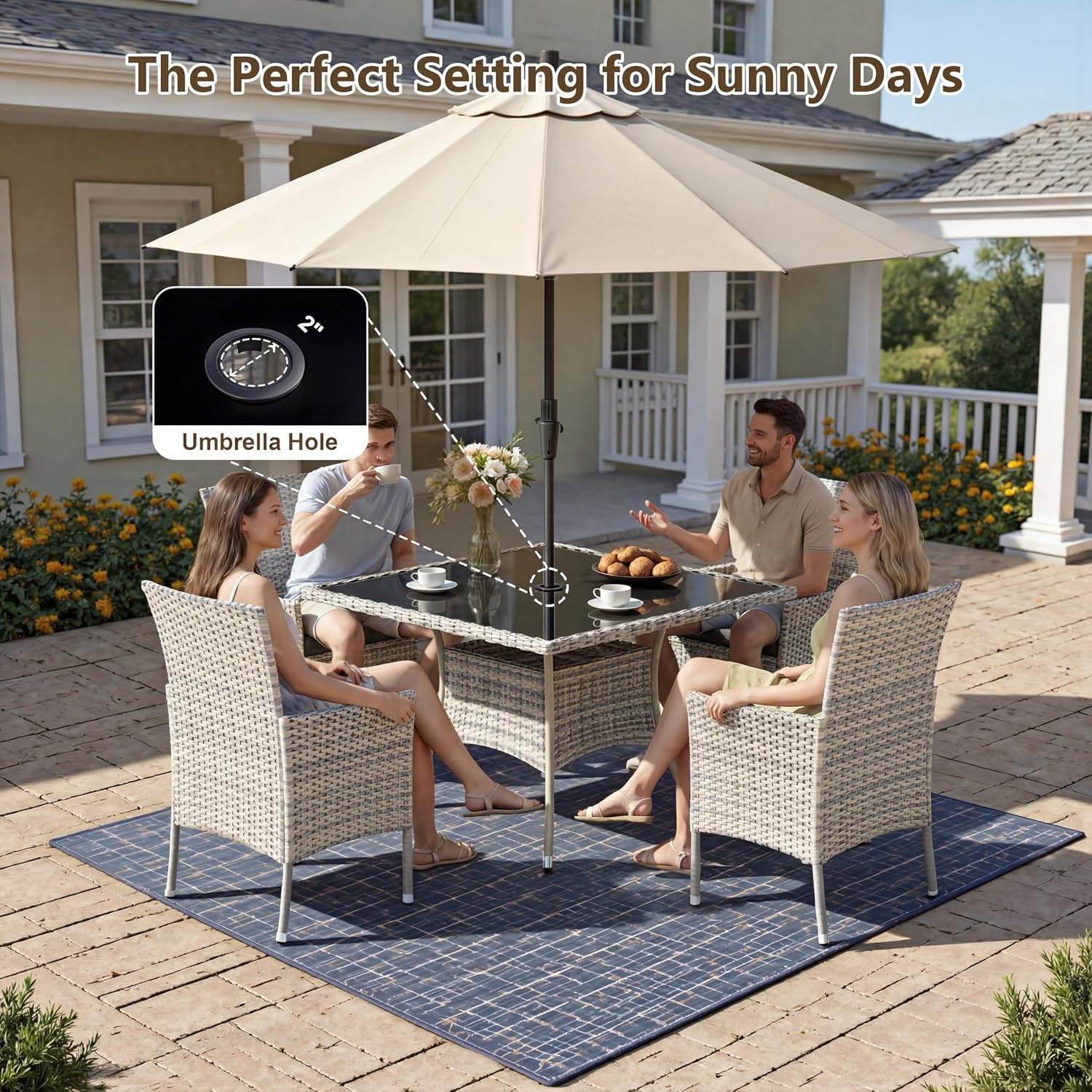 Outdoor Dining Set, 5-Piece Patio Furniture Set with Tempered Glass Table and 4 Cushioned Chairs, Dual-Strand Wicker Rattan, Balcony Furniture for Backyard, Garden, Deck,– Gray
