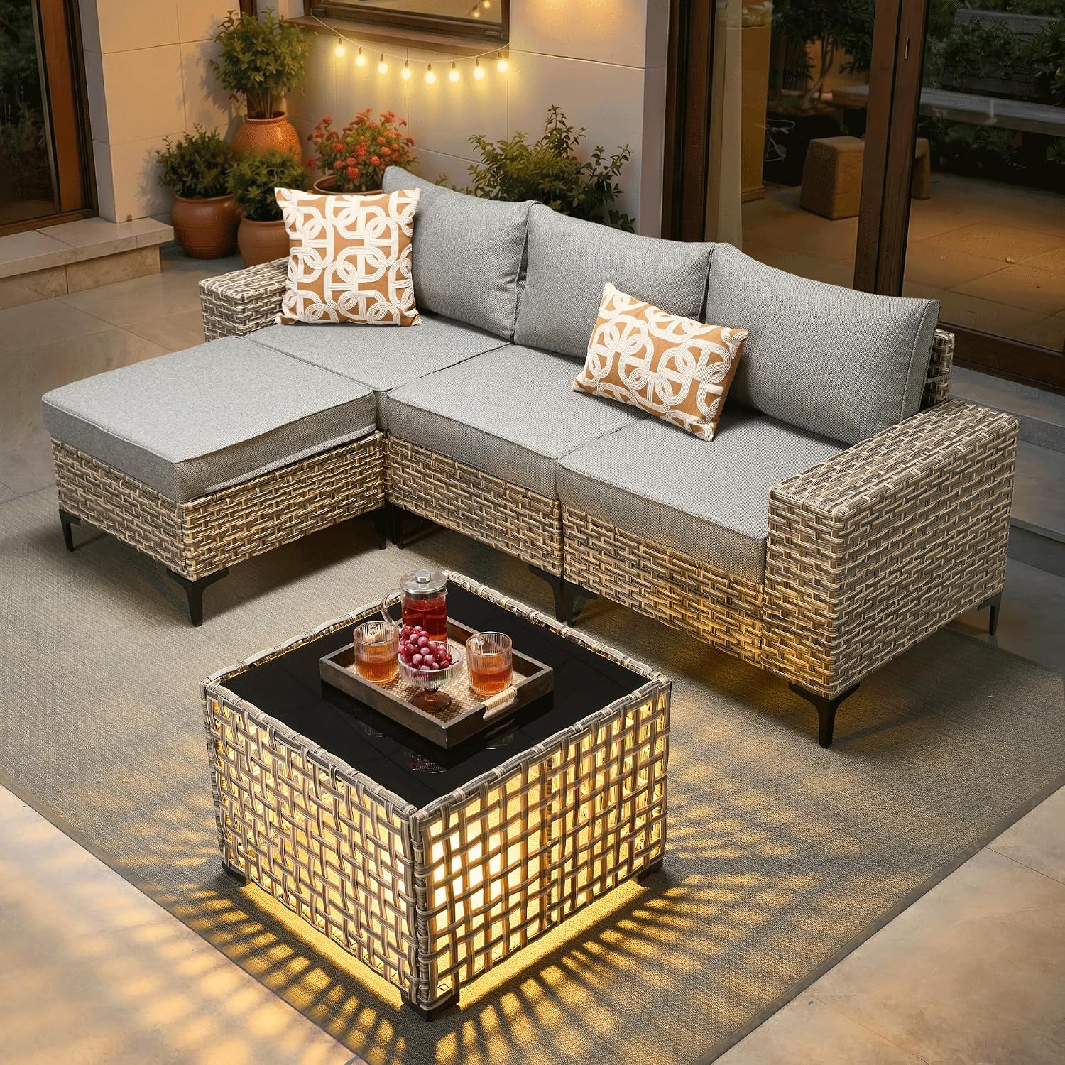 ovios 5-Piece Patio Furniture Set with L-Shape Sofa Chaise, Outdoor Sectional Couch Solar Table, Modern Modular Wicker Rattan Conversation Set, Dark Grey