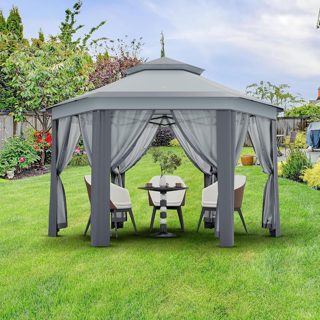 13x13FT Pop Up Gazebo Screen Tent,Hexagonal Instant Gazebo Tent with Mosquito Netting Outdoor Canopy,6 Sided Sun Shelter with Mesh Netting,Pavilion Tents for Lawn, Garden, Backyard & Patio Furniture