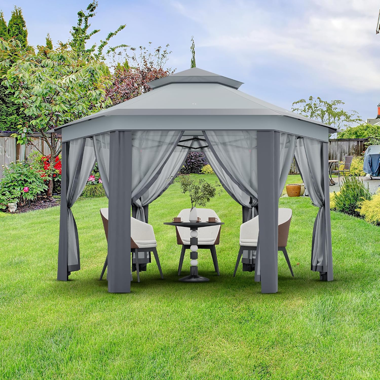 13x13FT Pop Up Gazebo Screen Tent,Hexagonal Instant Gazebo Tent with Mosquito Netting Outdoor Canopy,6 Sided Sun Shelter with Mesh Netting,Pavilion Tents for Lawn, Garden, Backyard & Patio Furniture