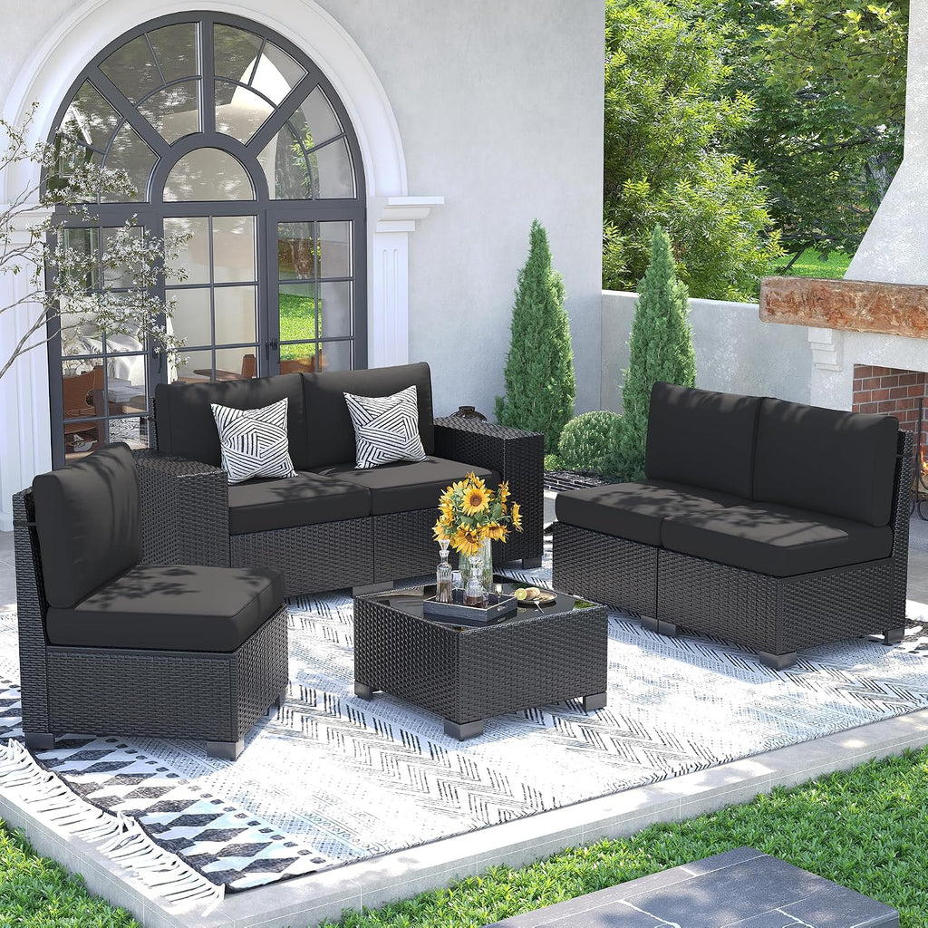 UDPATIO 6 Piece Patio Furniture Set, Outdoor Wicker Sectional Sofa with 8'' Wide Armrests, Modular Patio Conversation Set with Coffee Table for Backyard, Deck, Garden