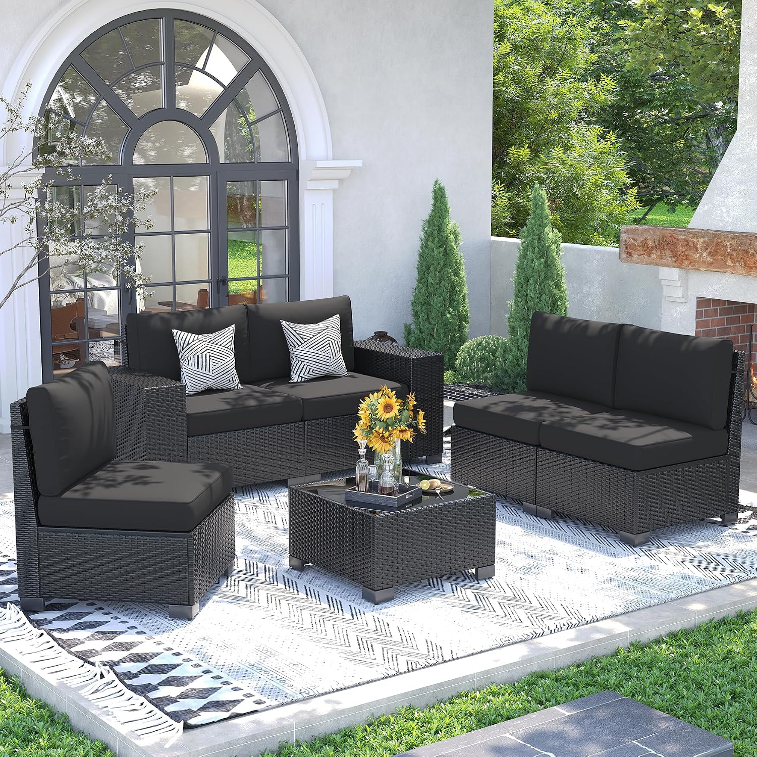 UDPATIO 6 Piece Patio Furniture Set, Outdoor Wicker Sectional Sofa with 8'' Wide Armrests, Modular Patio Conversation Set with Coffee Table for Backyard, Deck, Garden