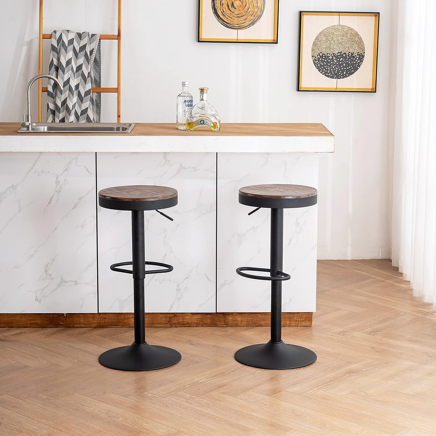 YOUNIKE Bar stools Wooden Barstools Vintage Rustic Counter Height bar Stool,Height Adjustable bar Chairs Swivel with Footrest,Cafe Kitchen Garden(Set of 2,Walnut)