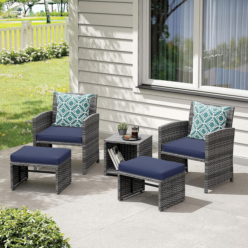 OC Orange-Casual 5 Piece Patio Furniture Set, Wicker Outdoor Conversation Chair and Ottoman Set with Coffee Table, Pillows Included, for Balcony, Porch, Deck, Navy Blue